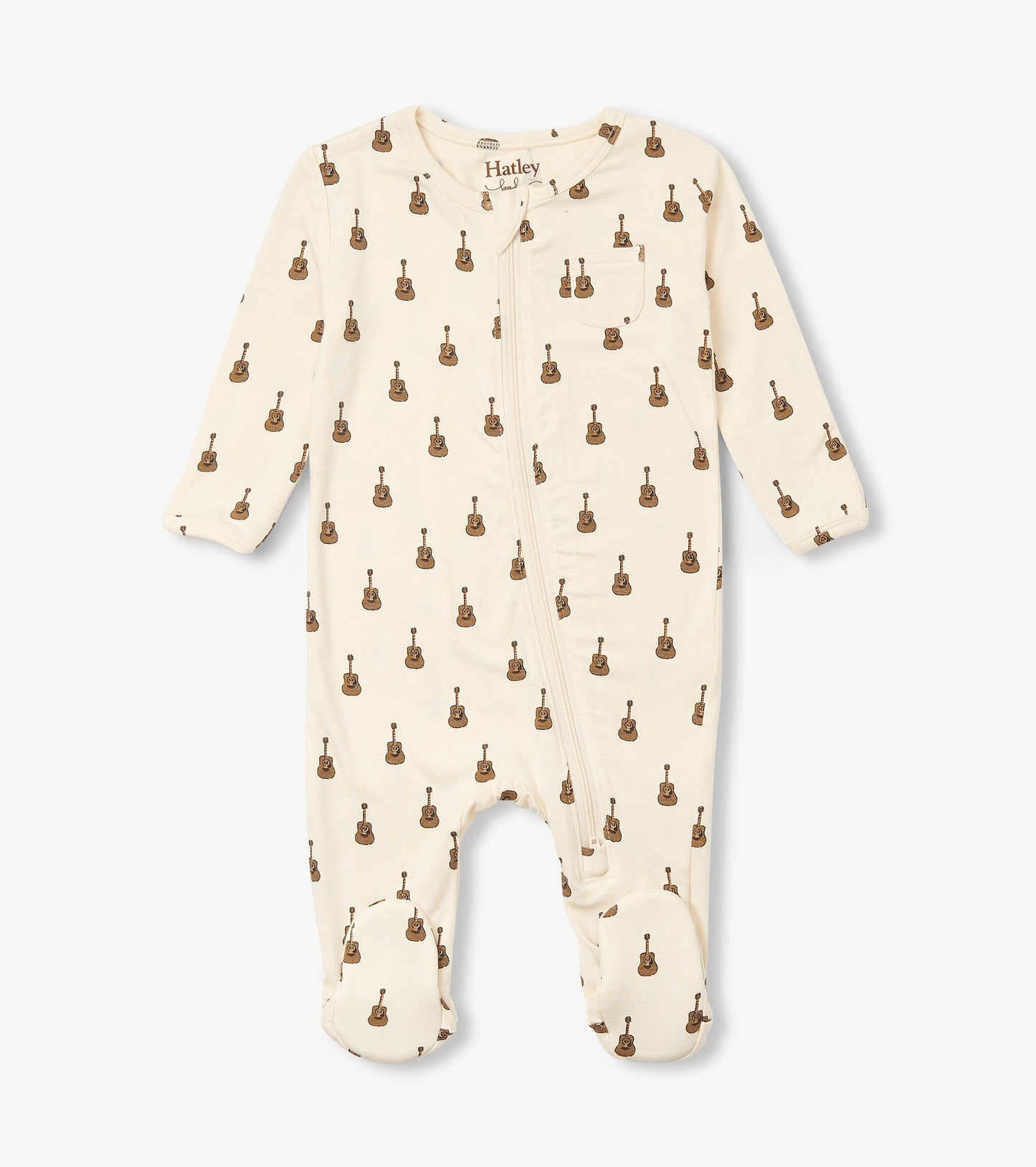 Cream-colored bamboo sleeper featuring a repeated acoustic guitar pattern, designed for baby boys with footed legs.