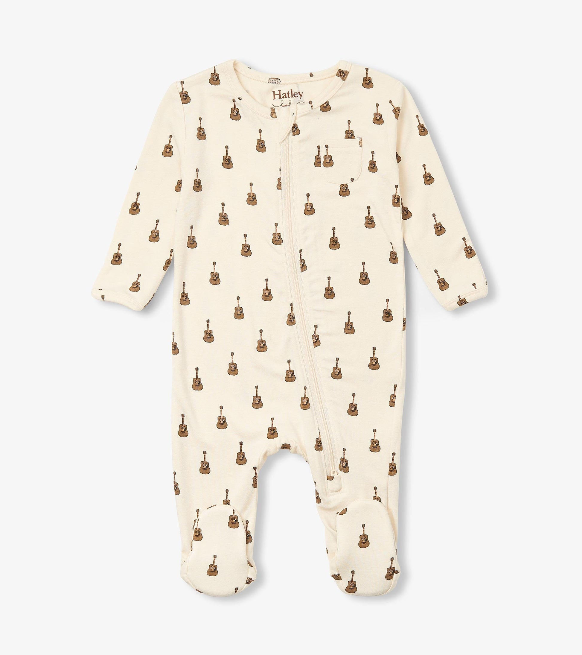 Cream-colored bamboo sleeper featuring a repeated acoustic guitar pattern, designed for baby boys with footed legs.