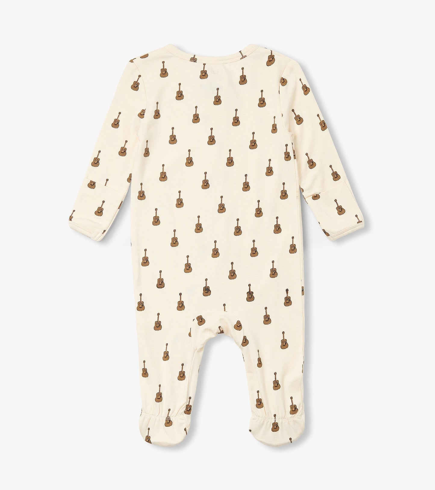 Cream-colored baby sleeper featuring a repeated acoustic guitar pattern, with long sleeves and footed design.