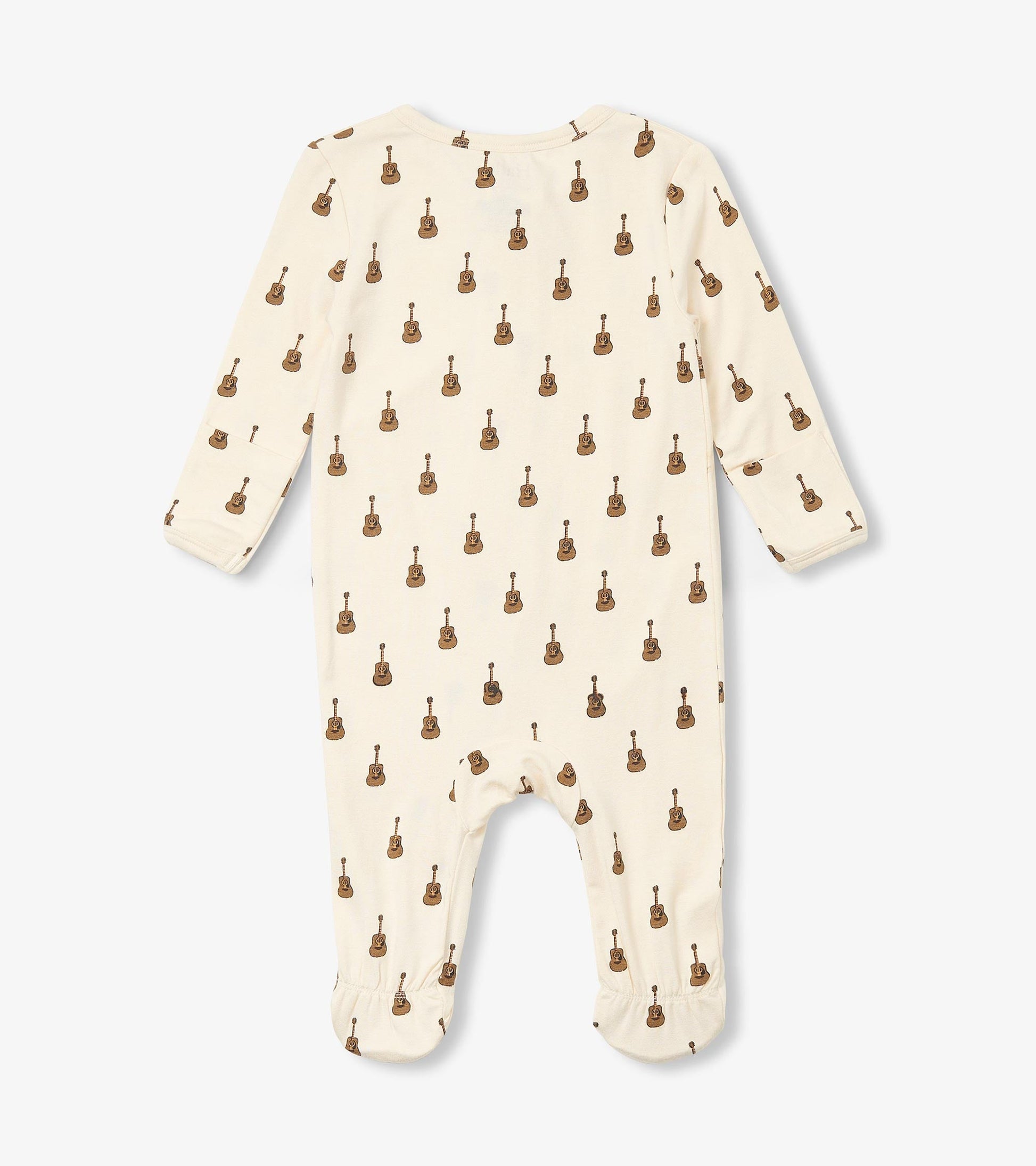 Cream-colored baby sleeper featuring a repeated acoustic guitar pattern, with long sleeves and footed design.