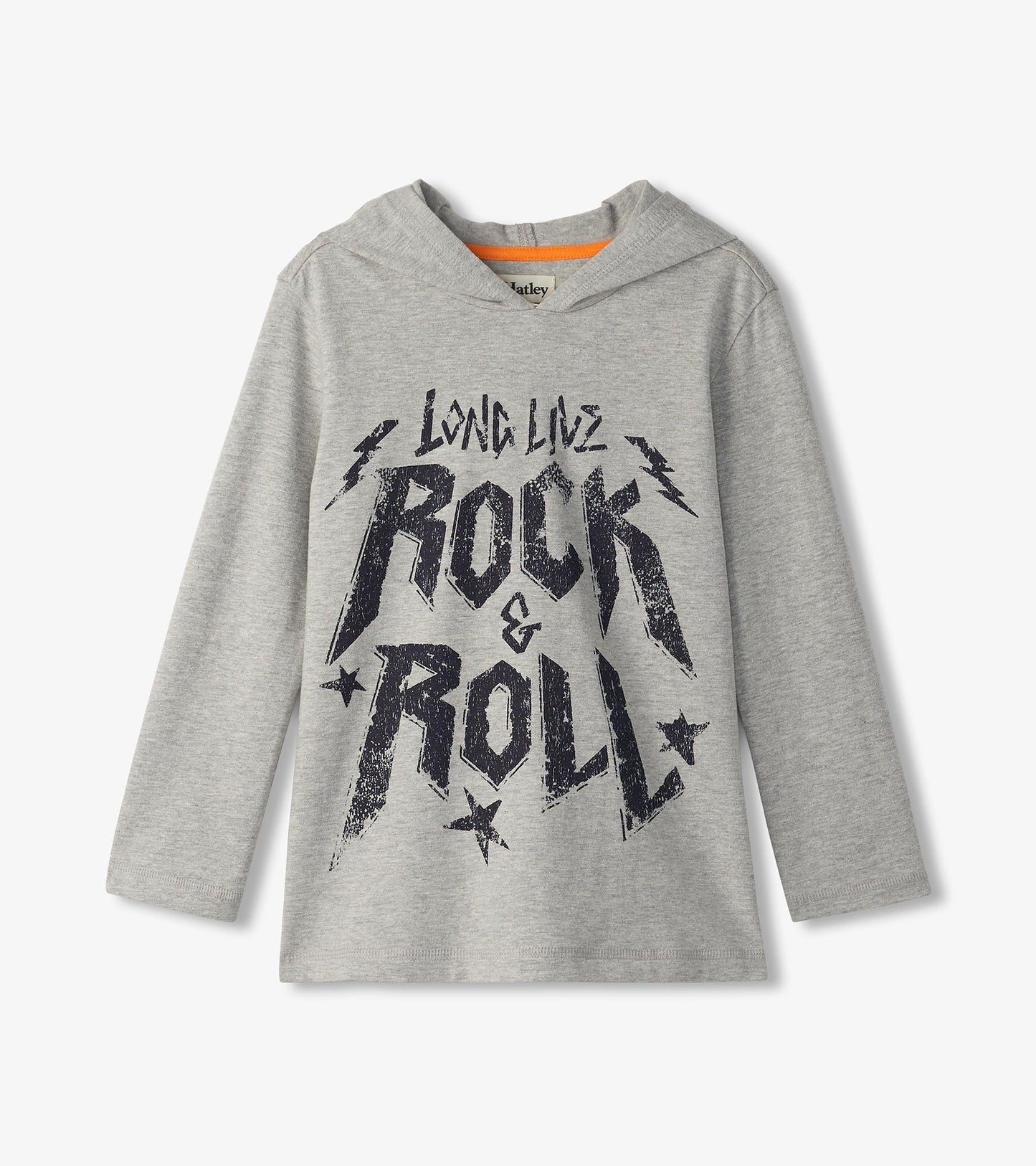 Gray long sleeve hoodie tee featuring a bold "Rock & Roll" graphic with lightning and star accents.