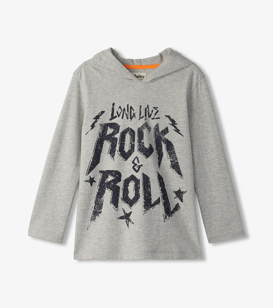 Gray long sleeve hoodie tee featuring a bold "Rock & Roll" graphic with lightning and star accents.