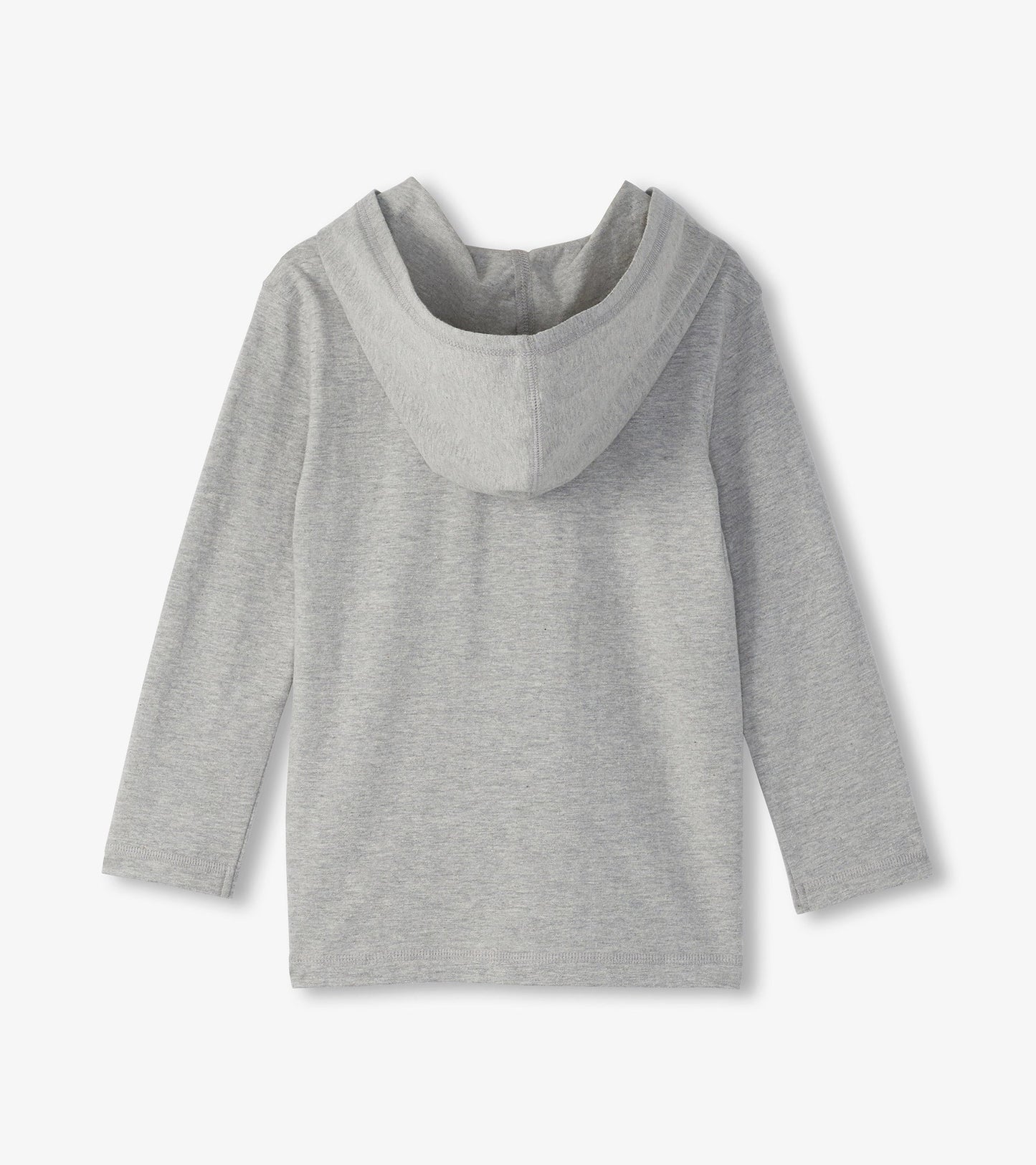 Gray long sleeve hoodie tee with a relaxed fit and a hood, suitable for boys.