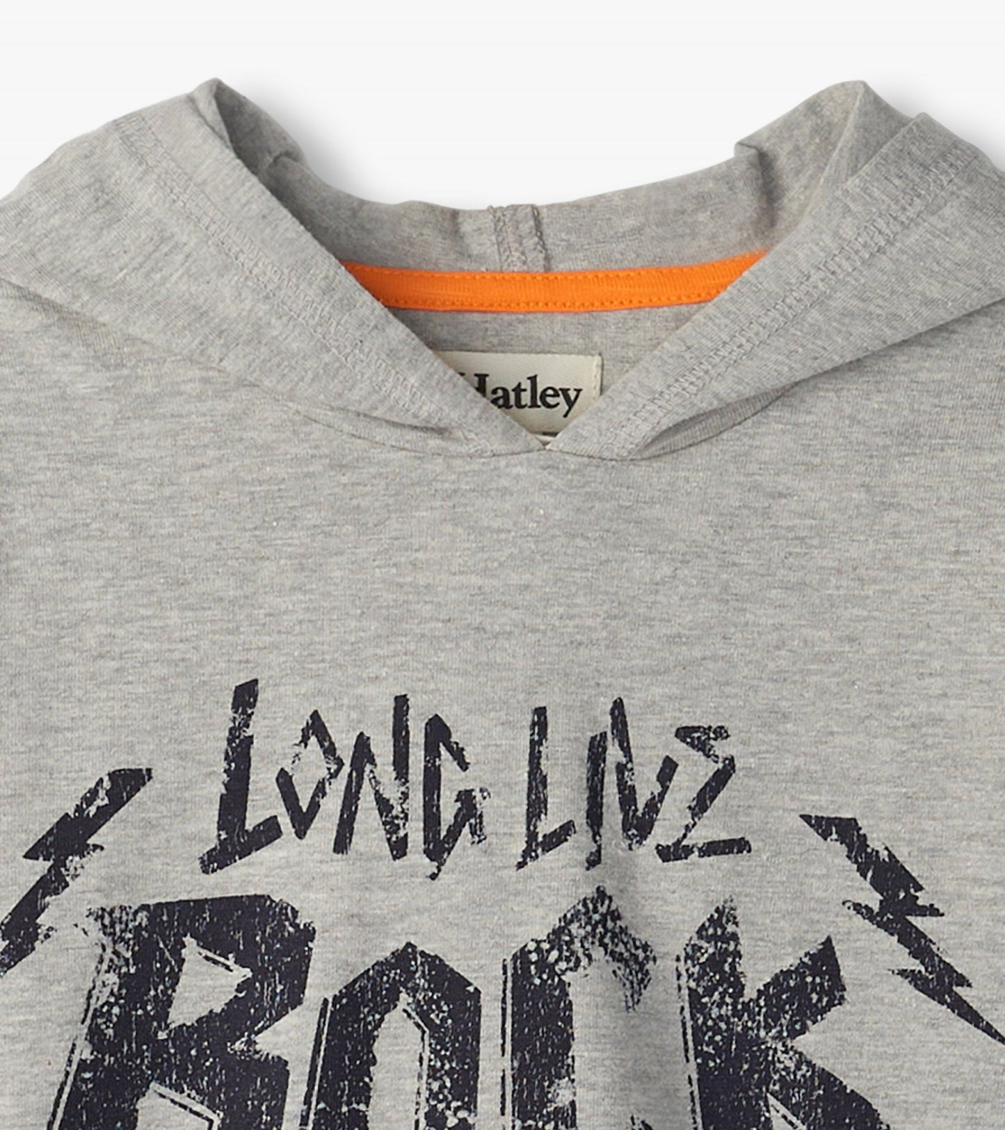 Gray long sleeve hoodie tee featuring a bold graphic print and an orange accent on the neckline.