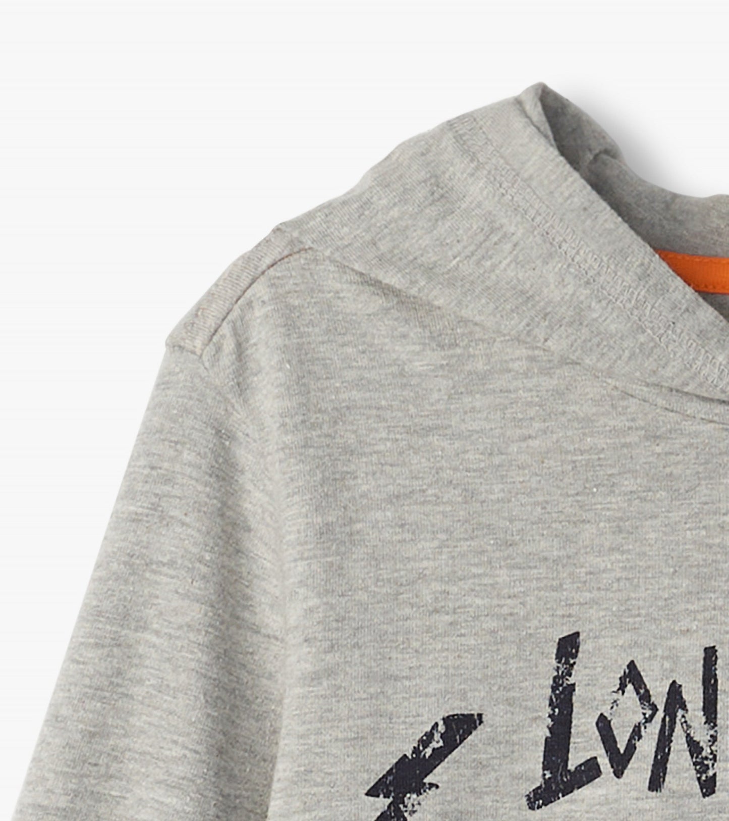 Gray long sleeve hoodie tee featuring a rock and roll graphic print and an orange accent inside the neckline.