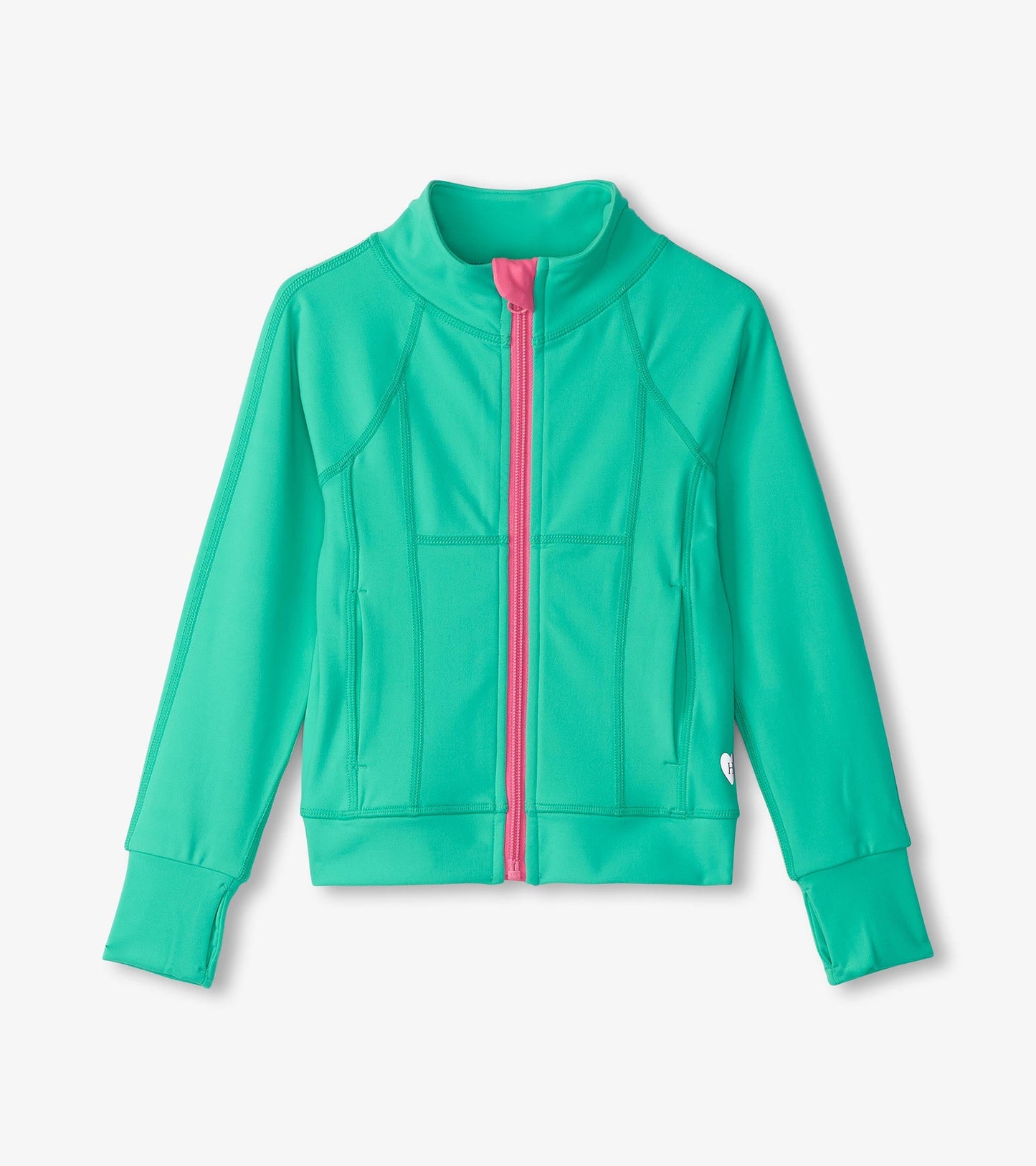 Aqua green active jacket with a pink zipper, featuring a high collar and long sleeves, designed for girls.