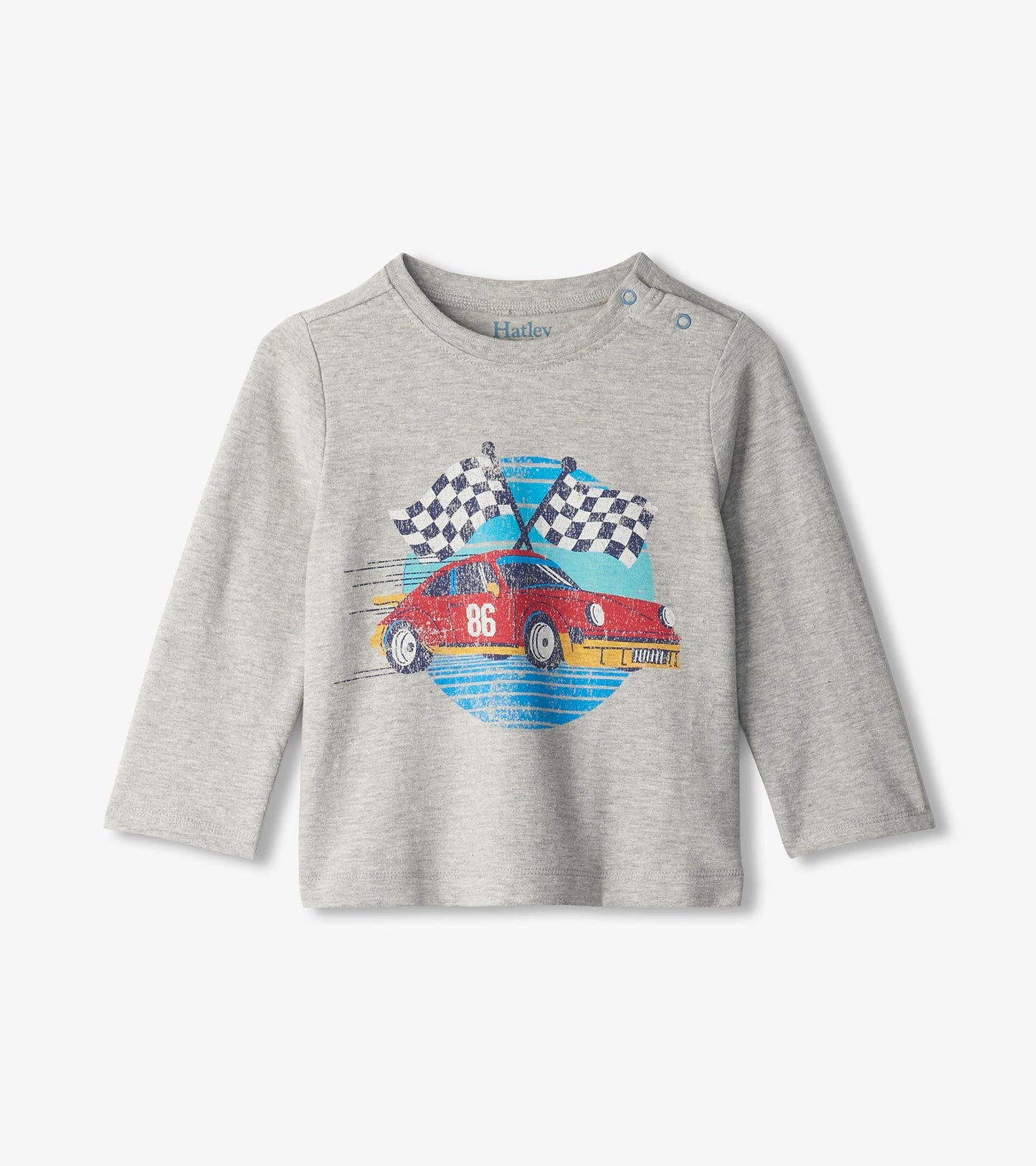 Gray long sleeve t-shirt featuring a colorful race car graphic with checkered flags and the number 86.
