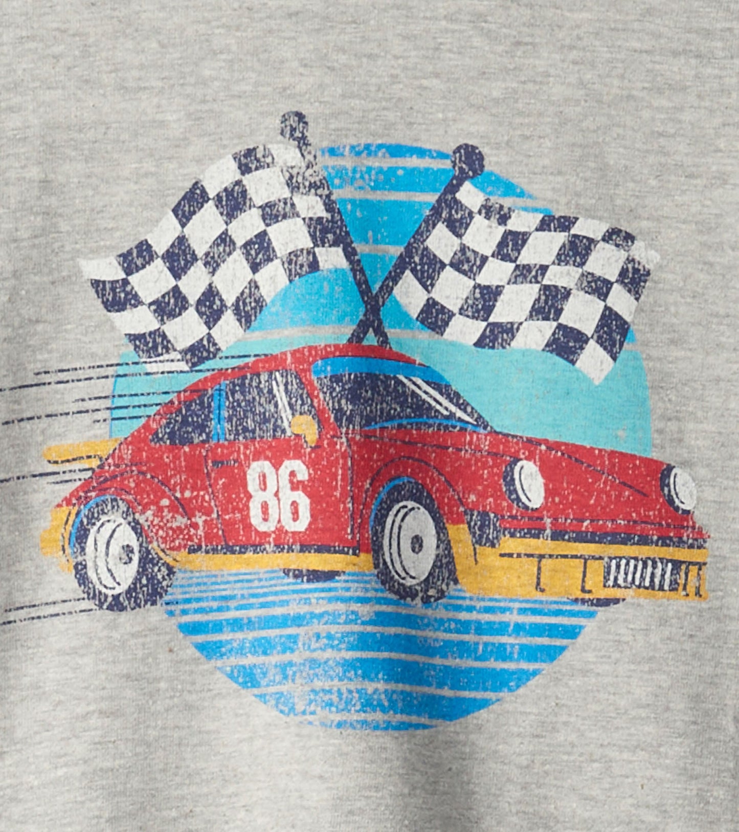 Gray long sleeve t-shirt featuring a red race car with checkered flags and a blue circular background.
