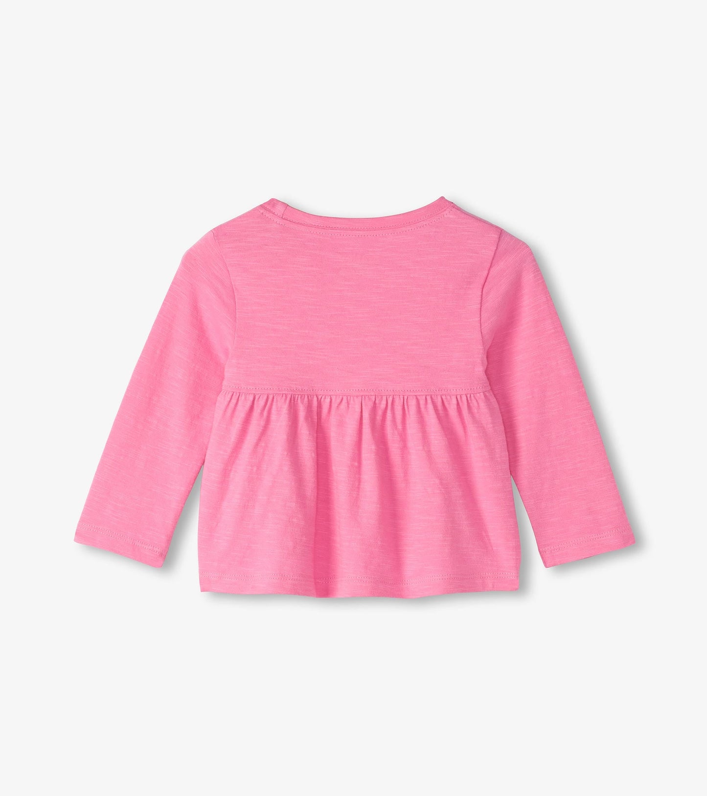 Pink long sleeve t-shirt for baby and toddler girls, featuring a gathered waist and soft, lightweight fabric.