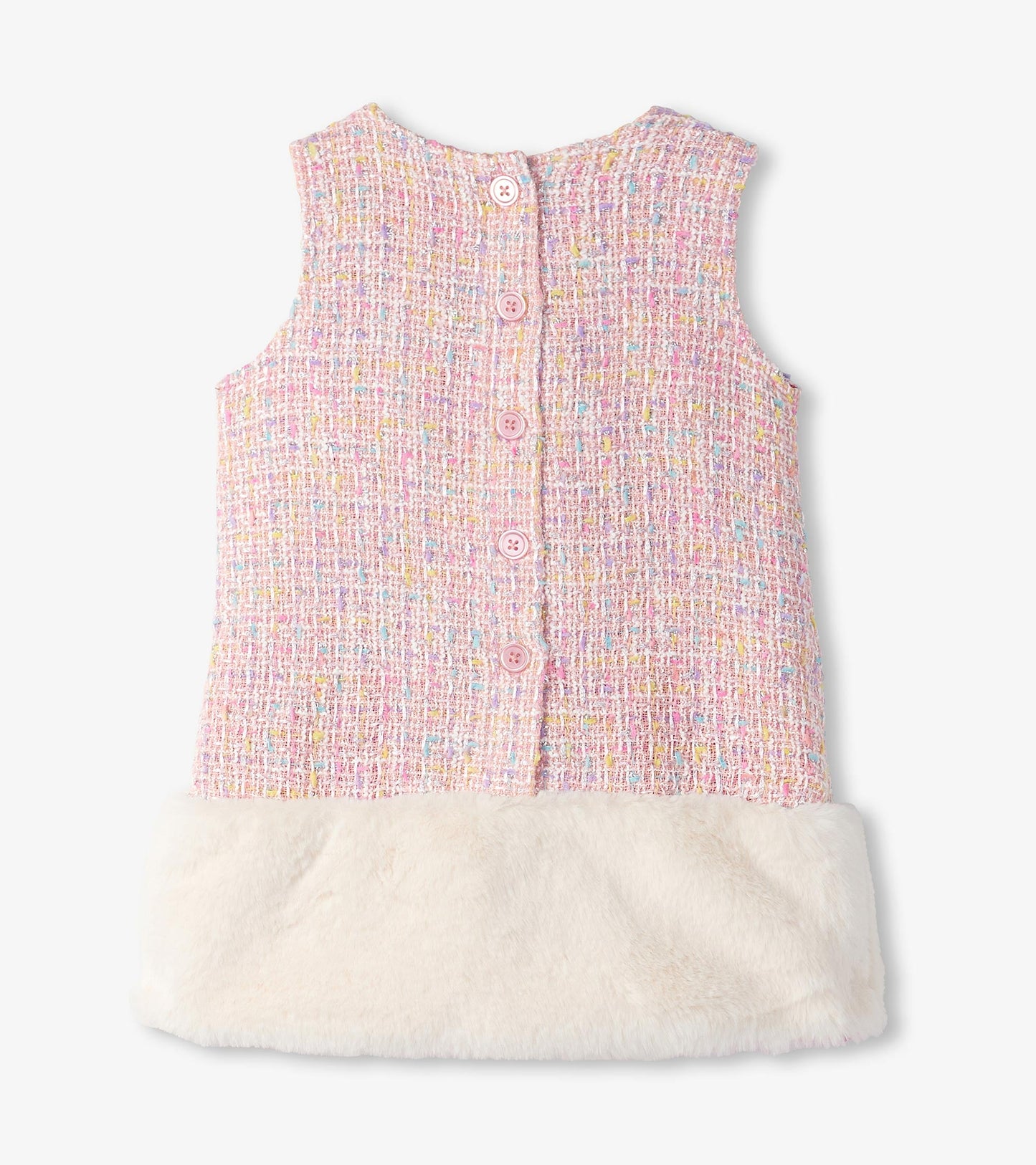Pink tweed dress with faux fur trim, featuring a button closure at the back and a sleeveless design.