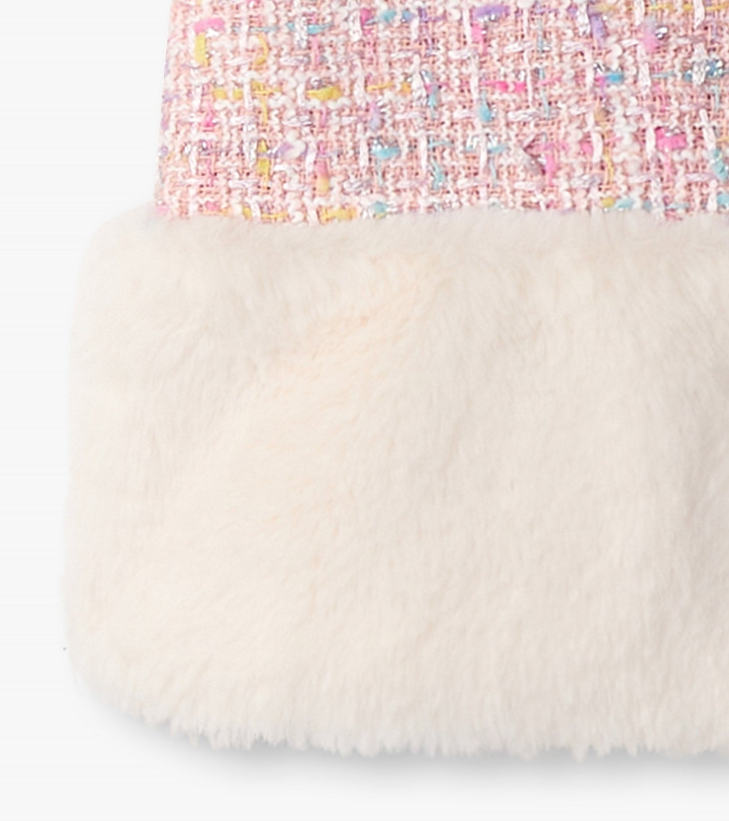 Aurora pink tweed dress with faux fur trim, featuring a textured pattern and soft, cozy fabric.