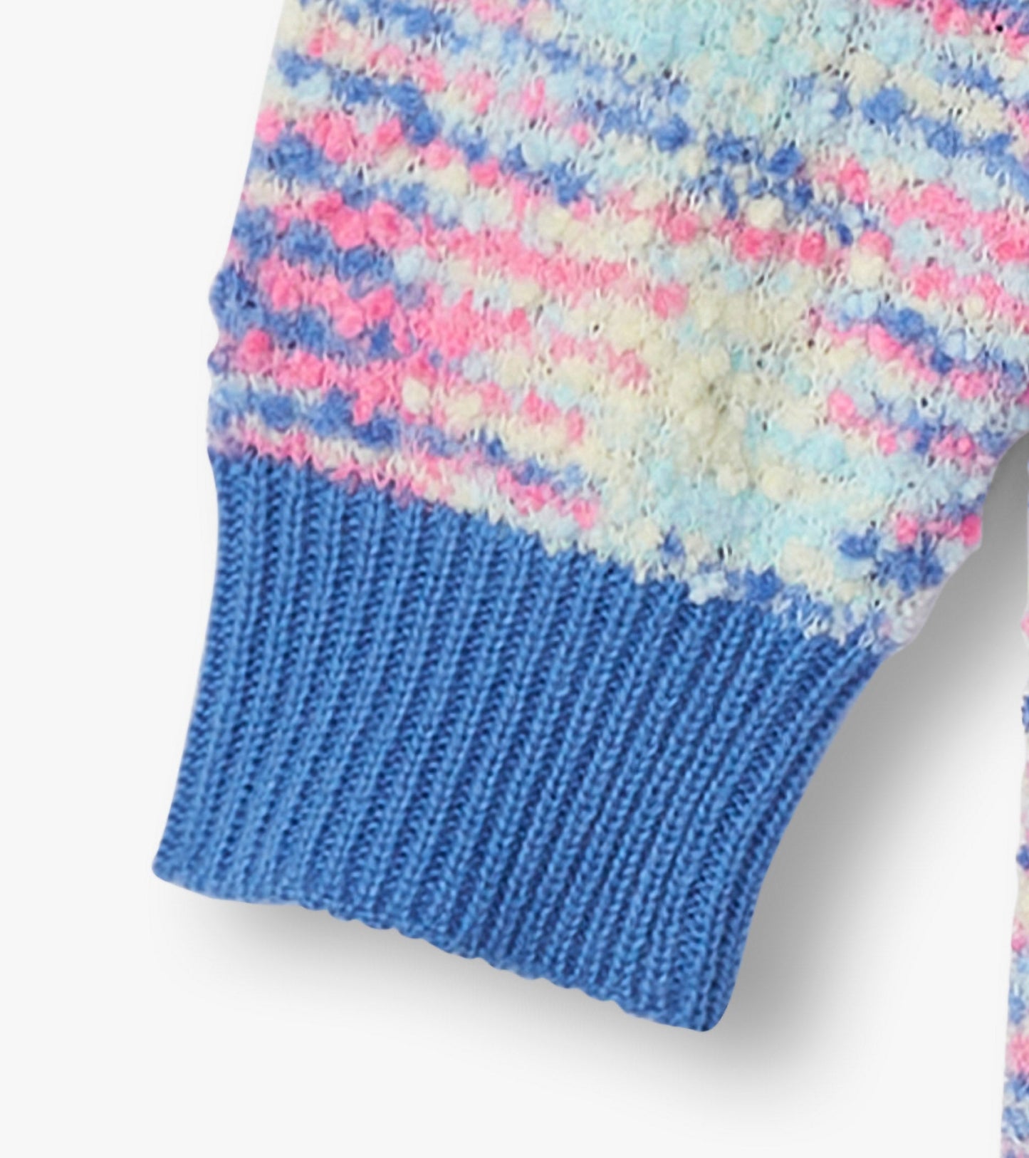 Blue boucle sweater dress featuring a textured pattern with pink and white accents, ideal for casual wear.