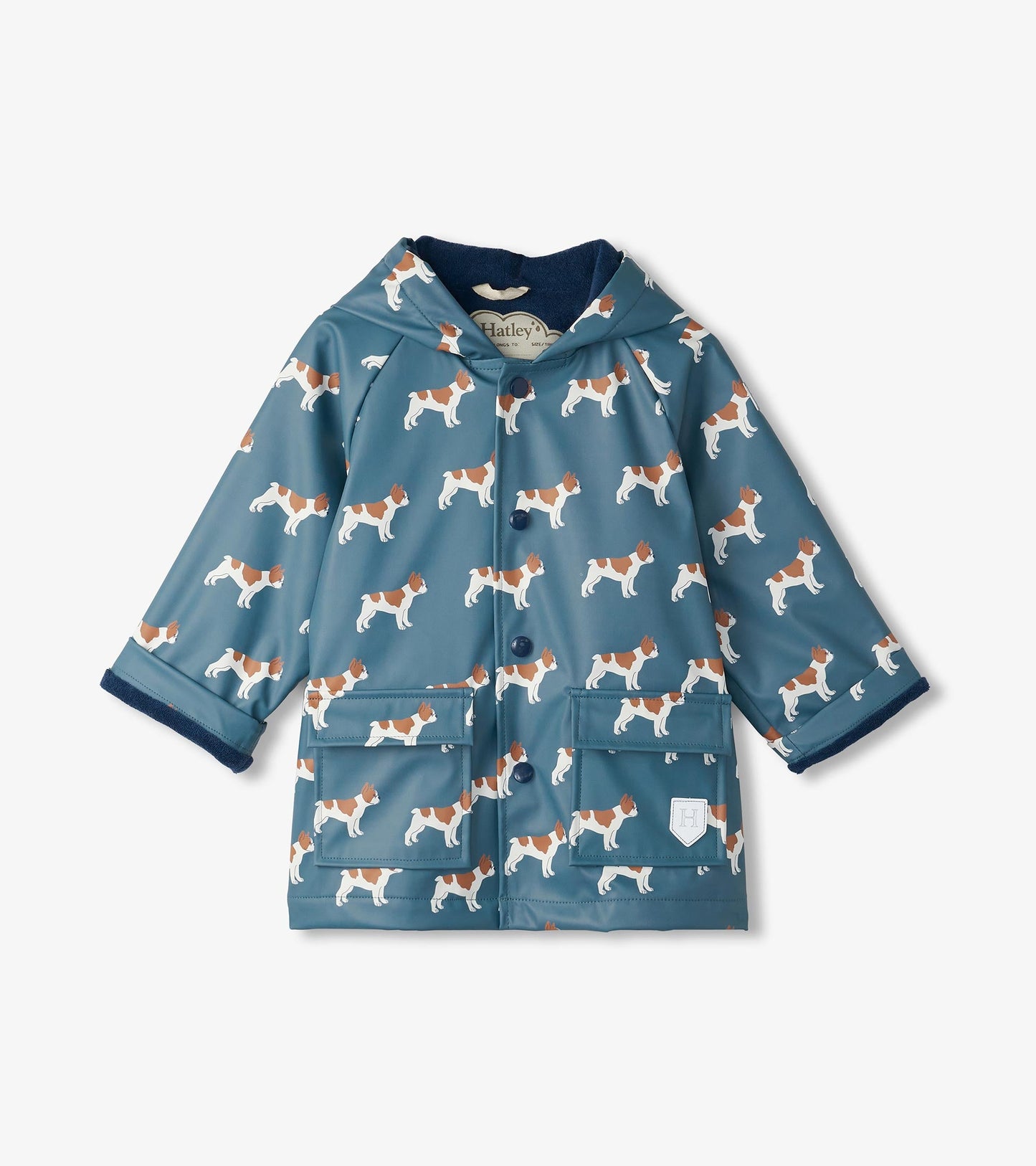 Blue rain jacket featuring a French bulldog pattern, with a hood and front buttons, suitable for baby and toddler boys.