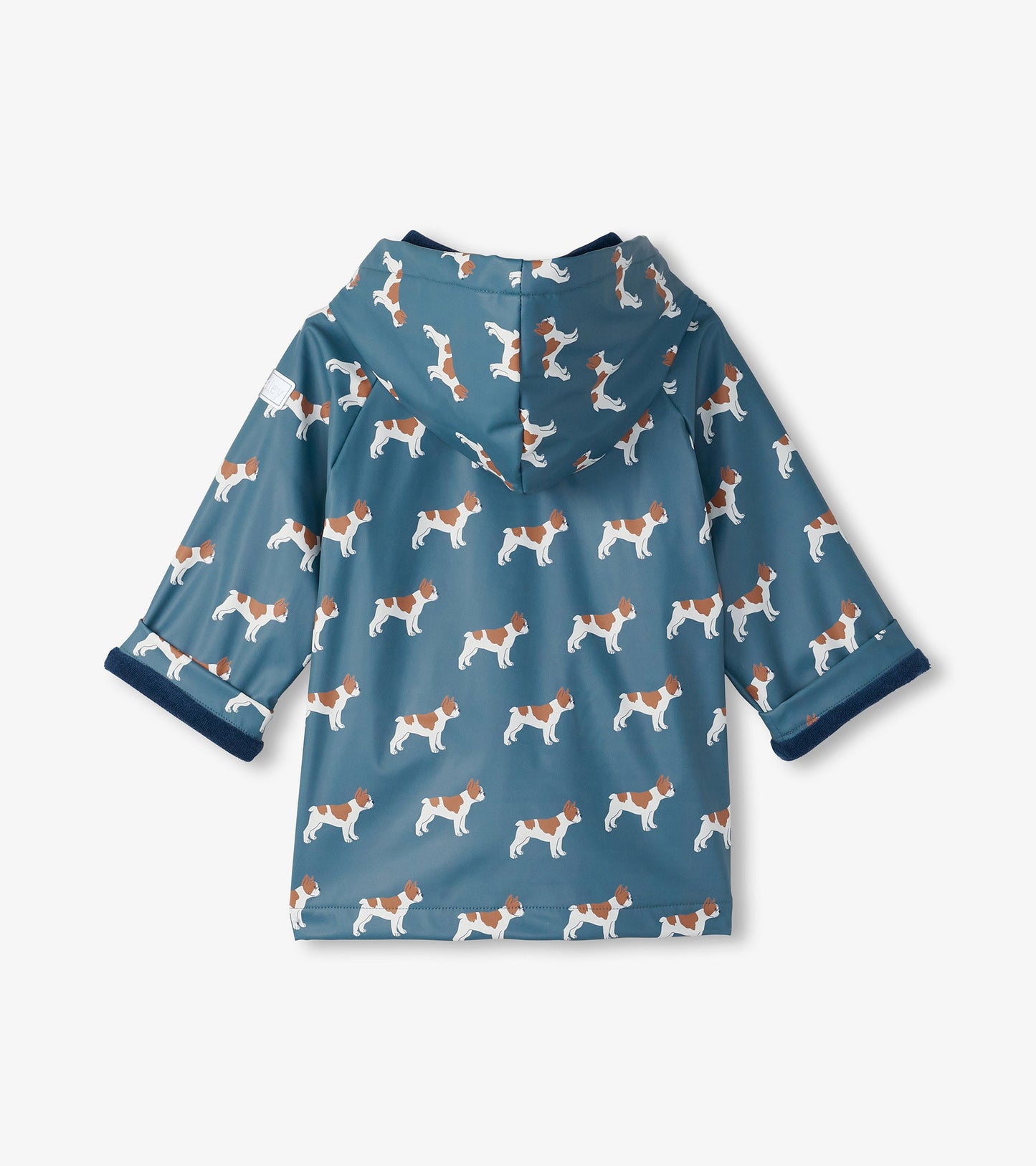 Blue rain jacket featuring a pattern of French bulldogs, with a hood and rolled sleeves.