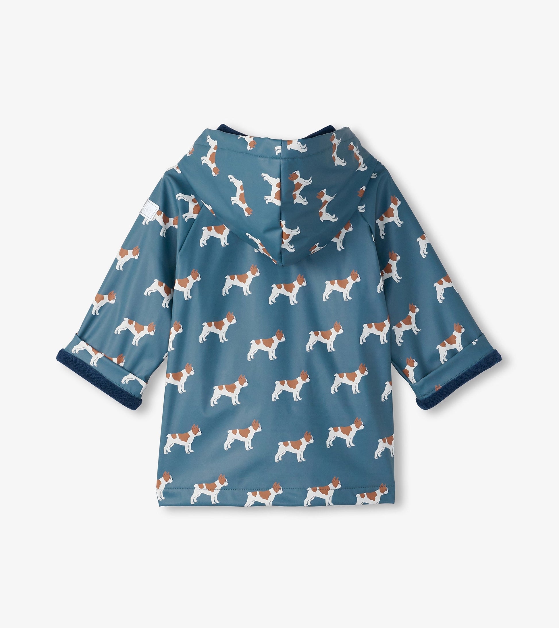 Blue rain jacket featuring a pattern of French bulldogs, with a hood and rolled sleeves.