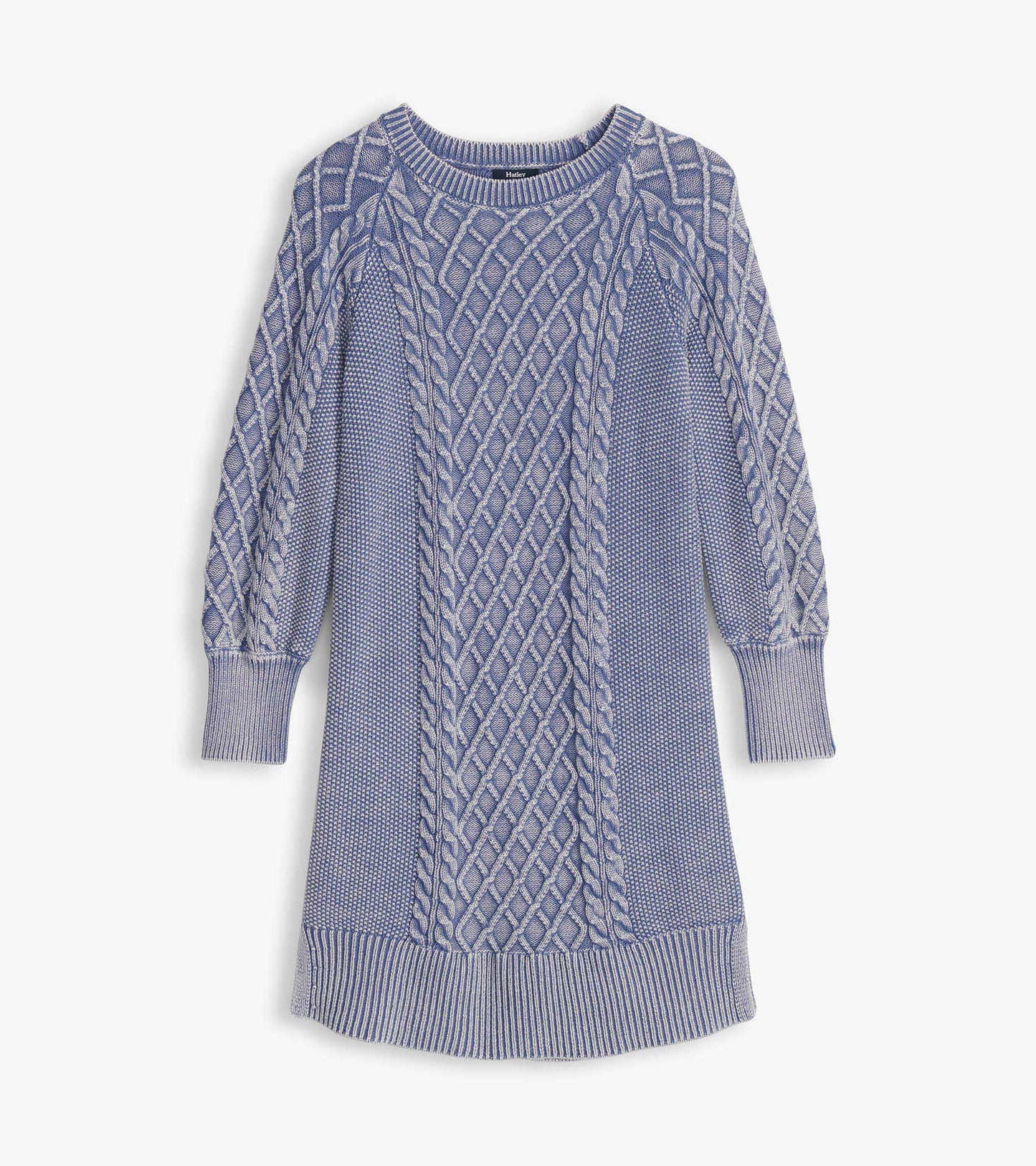 Bleached denim cable knit dress featuring long sleeves and a relaxed fit, showcasing a textured diamond pattern.
