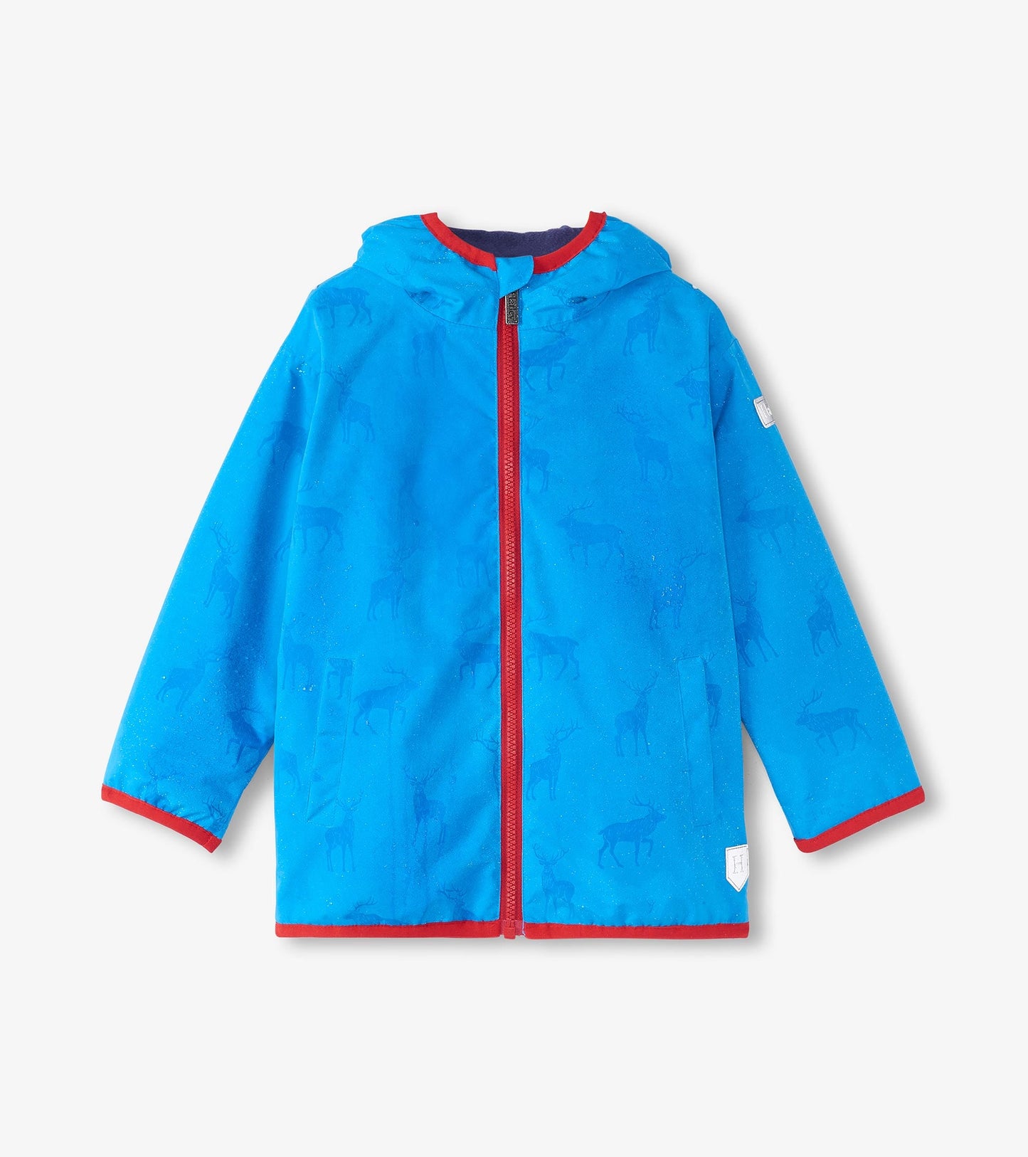 Lightweight blue rain jacket with a hood, featuring a subtle animal pattern and red trim along the zipper and sleeves.