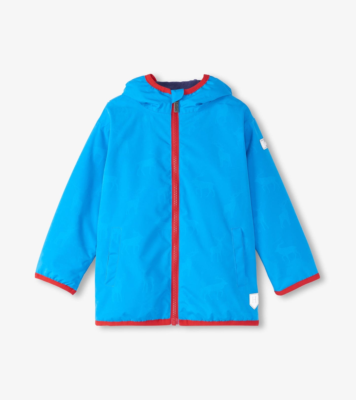 Lightweight blue rain jacket with a hood, red trim, and subtle animal pattern, featuring a front zip closure and pockets.