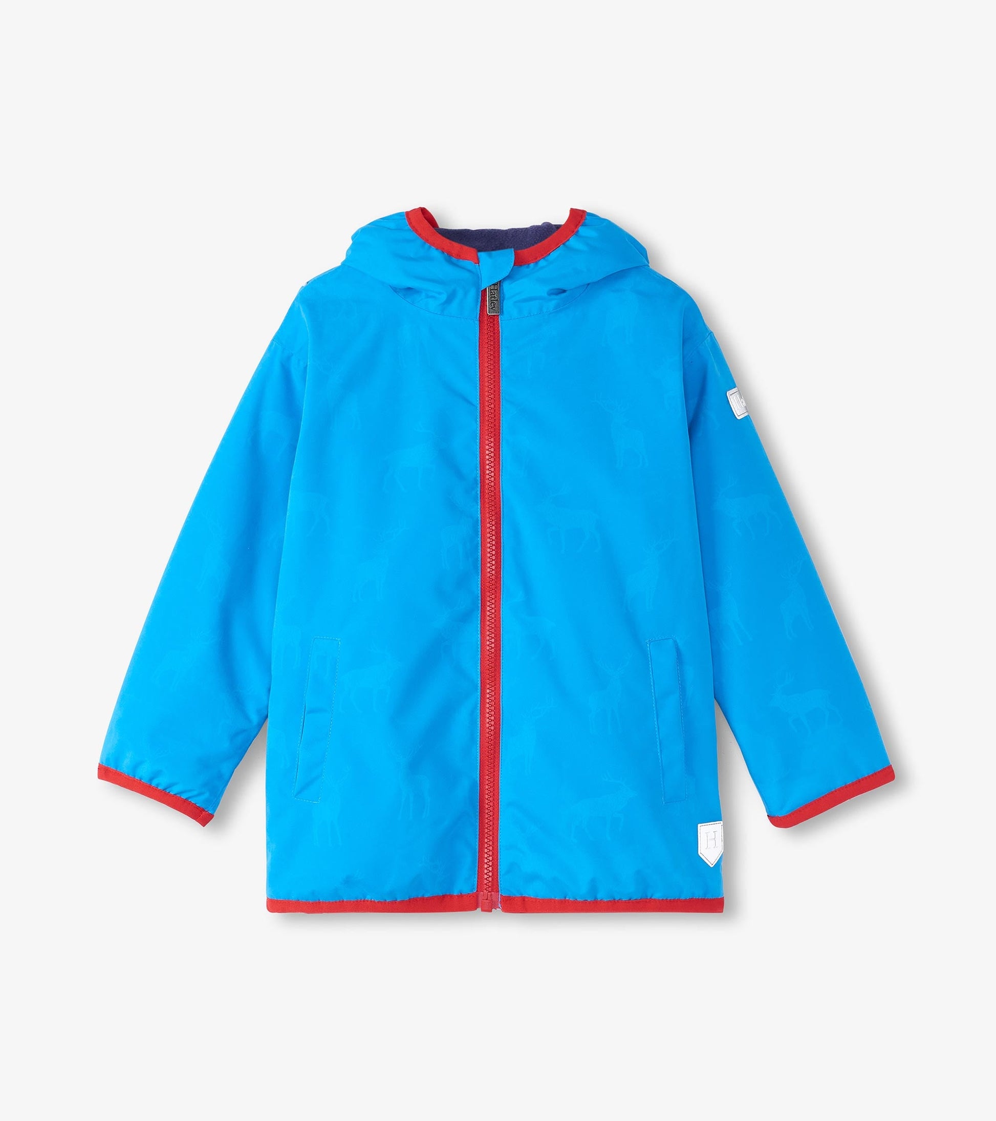 Lightweight blue rain jacket with a hood, red trim, and subtle animal pattern, featuring a front zip closure and pockets.