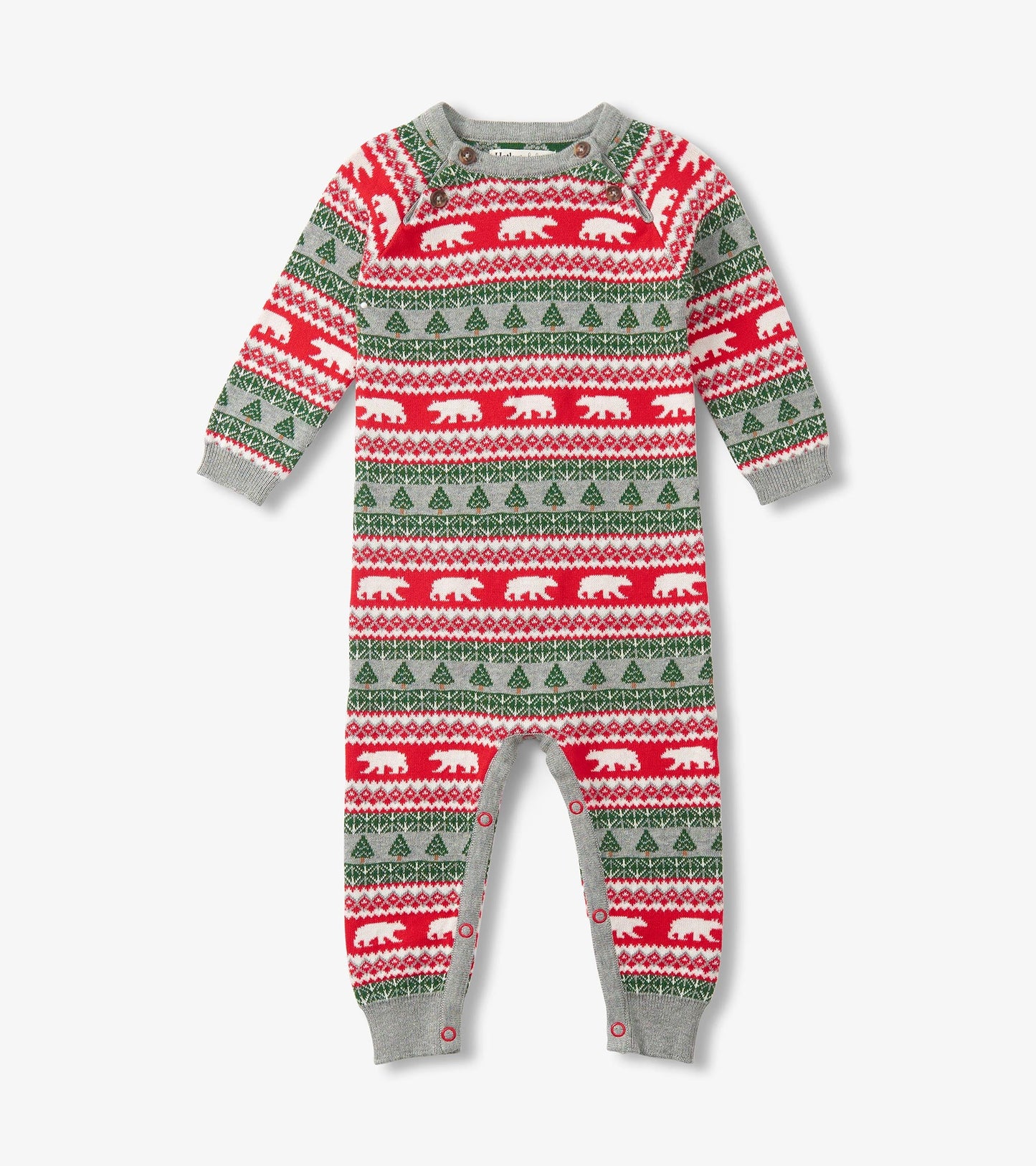 Gray romper featuring a Fair Isle pattern with red, green, and white polar bears and trees, with snap closures at the bottom.