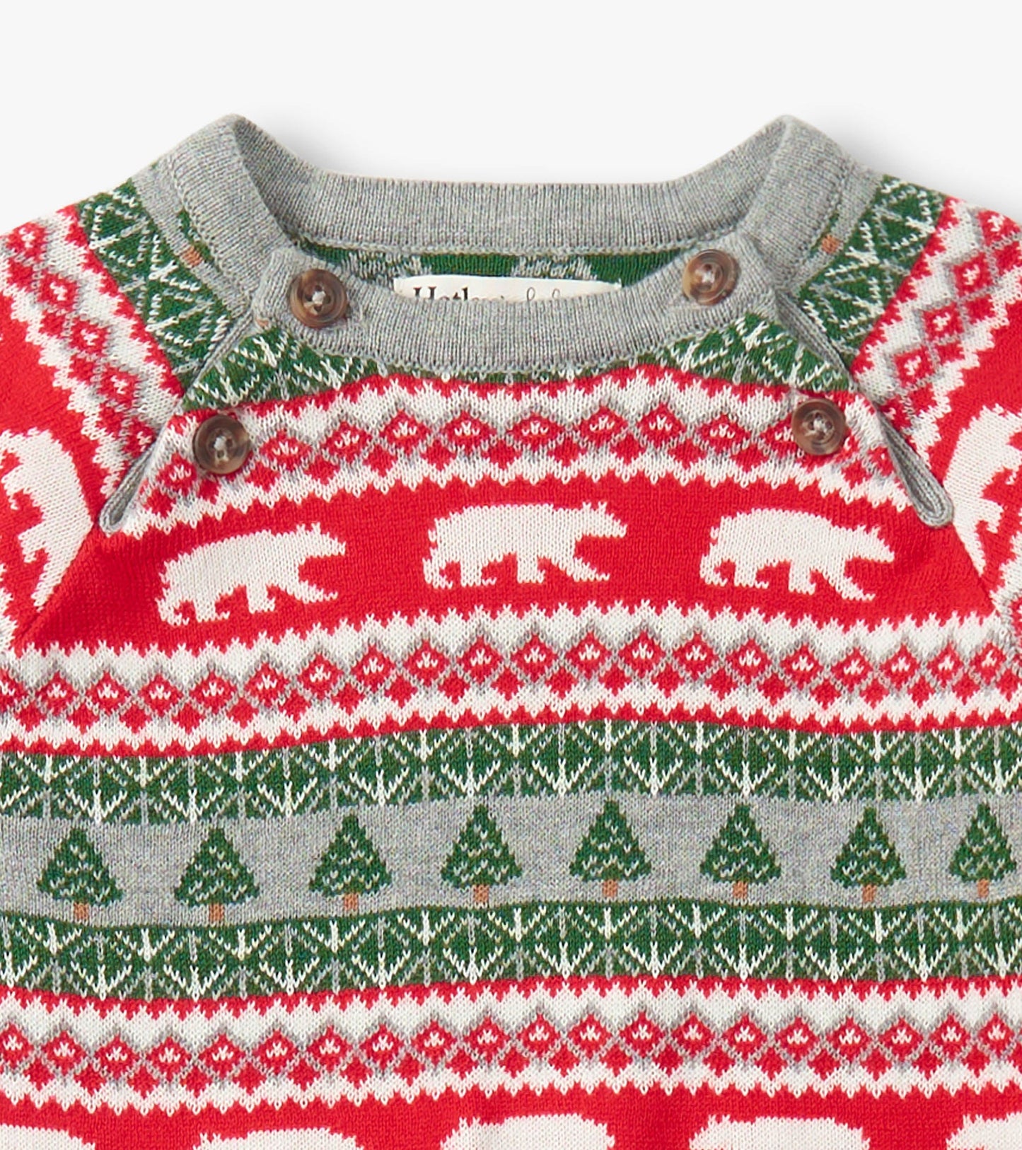Red Fair Isle sweater romper featuring polar bears and trees, with a gray neckline and button details.