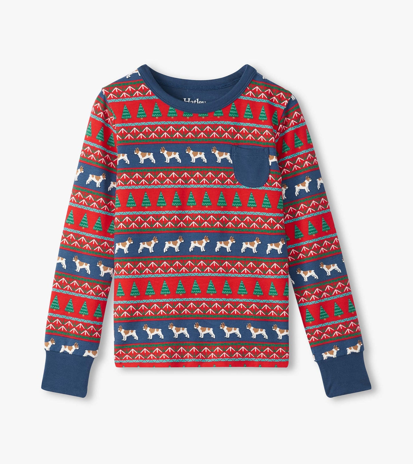 Red and navy long-sleeve pajama top featuring a Fair Isle pattern with bulldogs and Christmas trees.