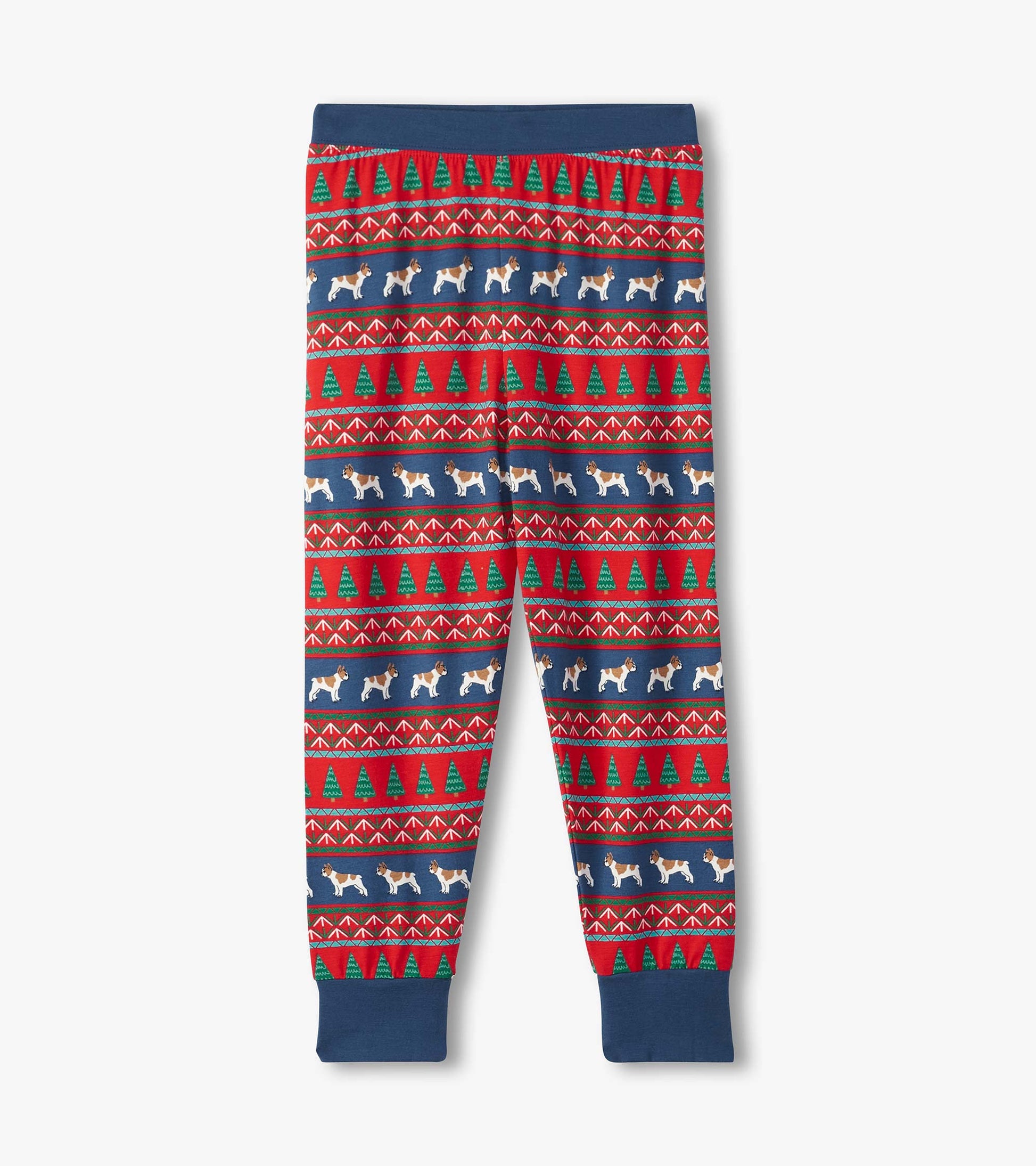 Red and blue pajama pants featuring a Fair Isle pattern with bulldogs and Christmas trees, made from bamboo fabric.