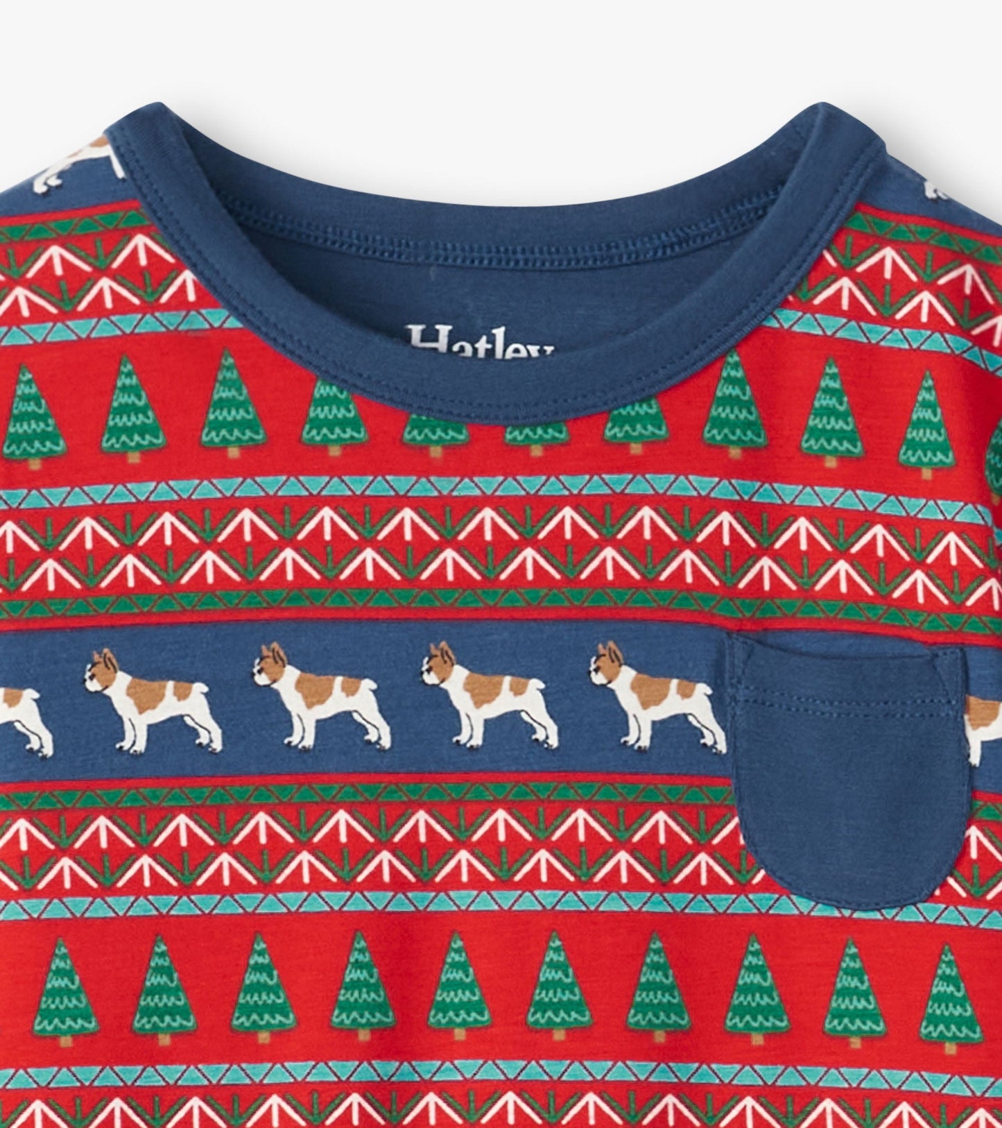 Red pajama top featuring a Fair Isle pattern with bulldogs and Christmas trees, round neckline, and a chest pocket.