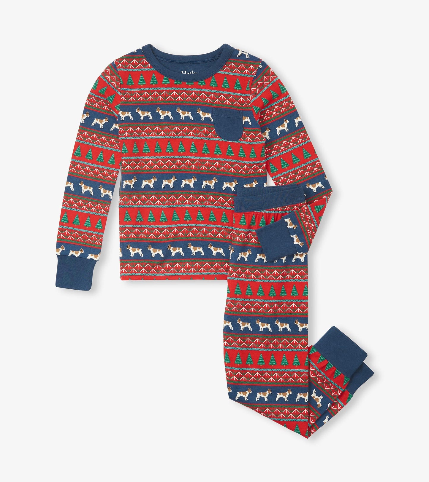Red and navy bamboo pajama set featuring a Fair Isle pattern with bulldogs and Christmas trees. Long sleeves and pants.