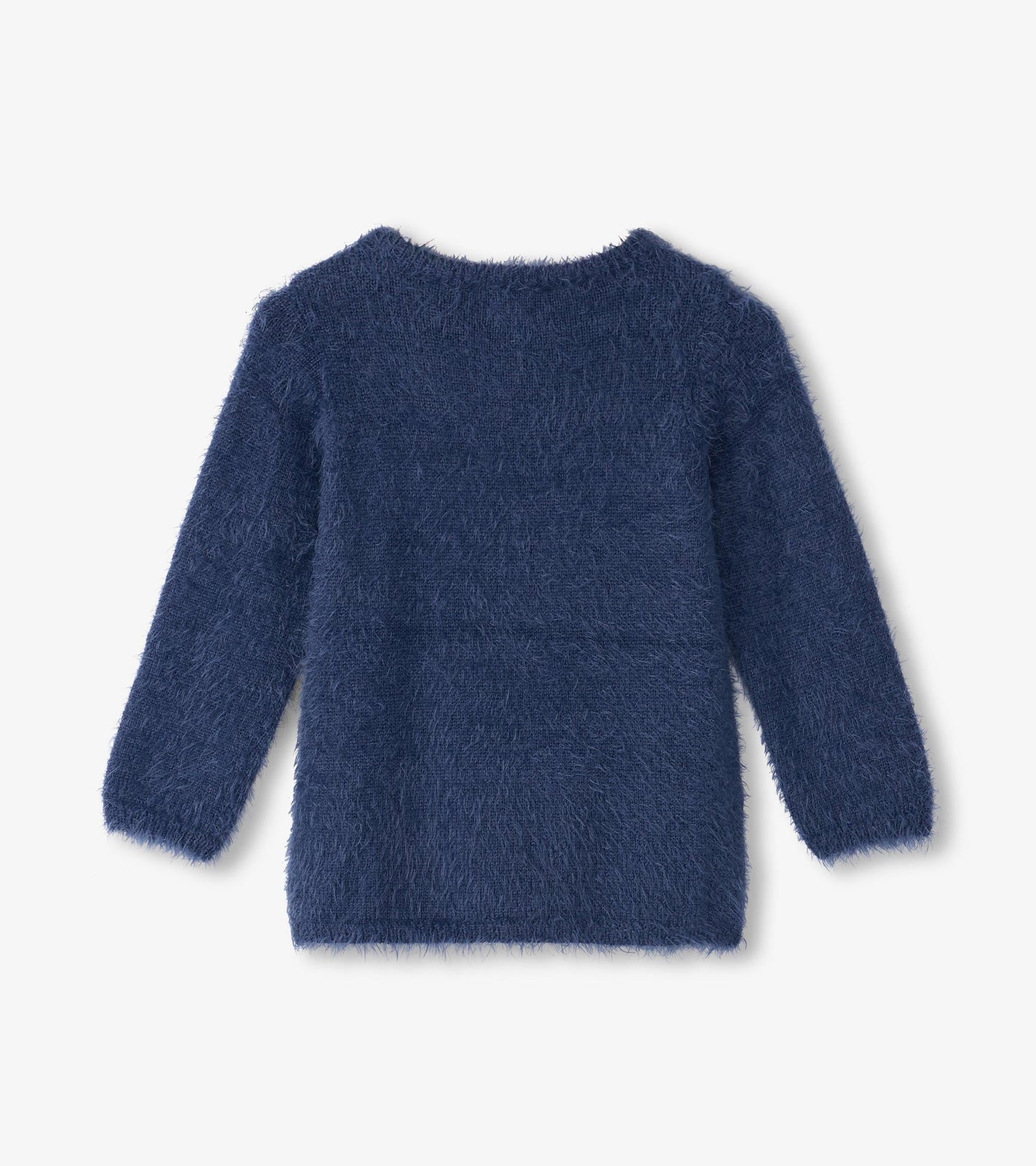 Navy blue furry sweater with long sleeves and a round neckline, featuring a soft, textured finish.