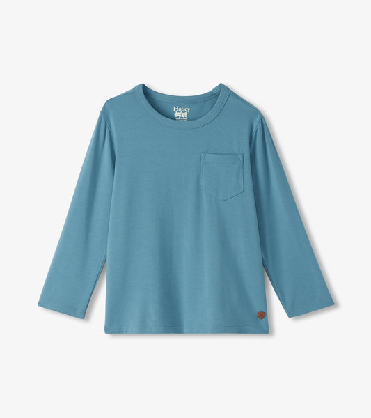 Long sleeve bamboo t-shirt in bluestone with a chest pocket and a relaxed fit.