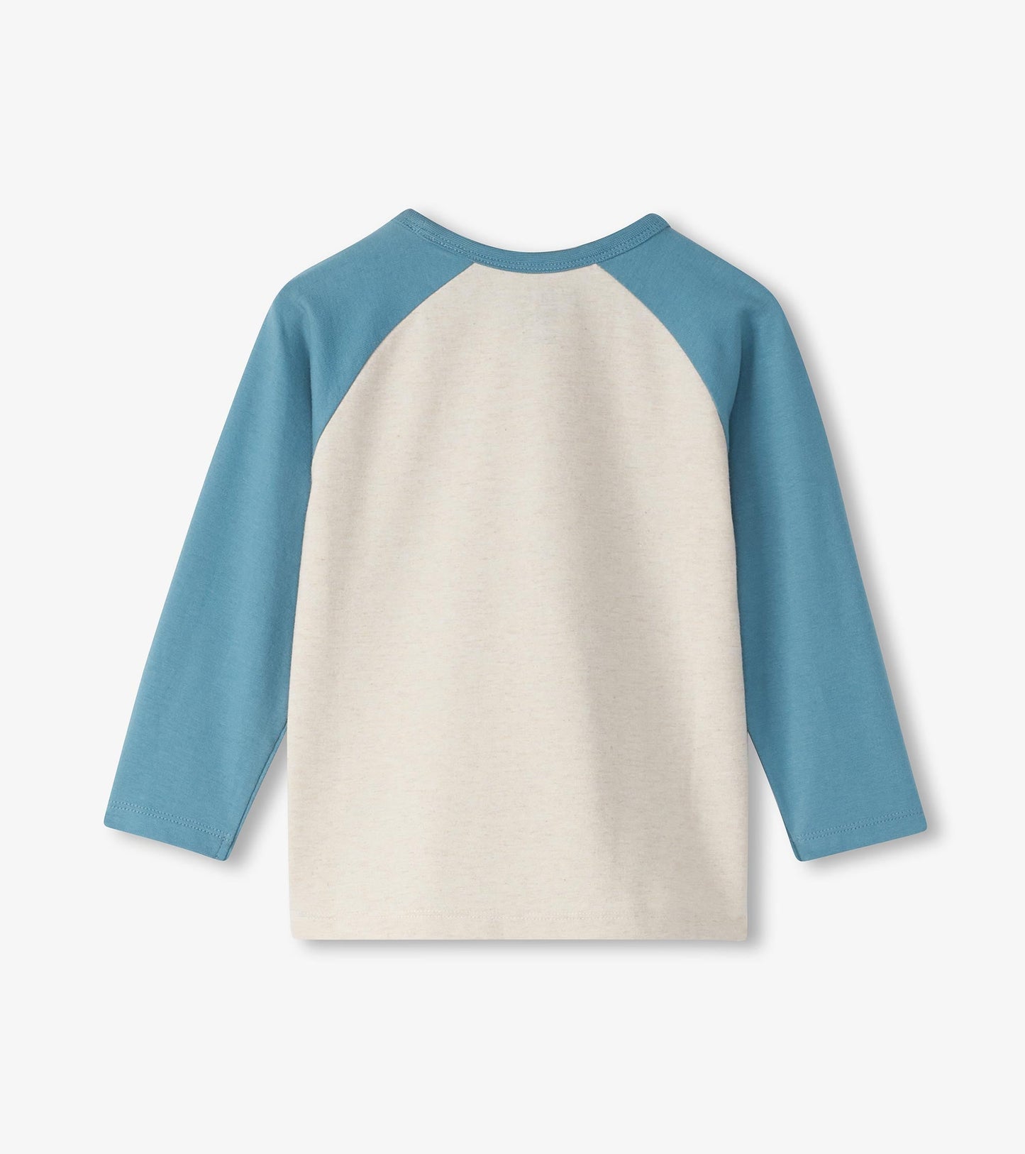 Long sleeve t-shirt featuring a cream body and blue raglan sleeves, suitable for baby and toddler boys.