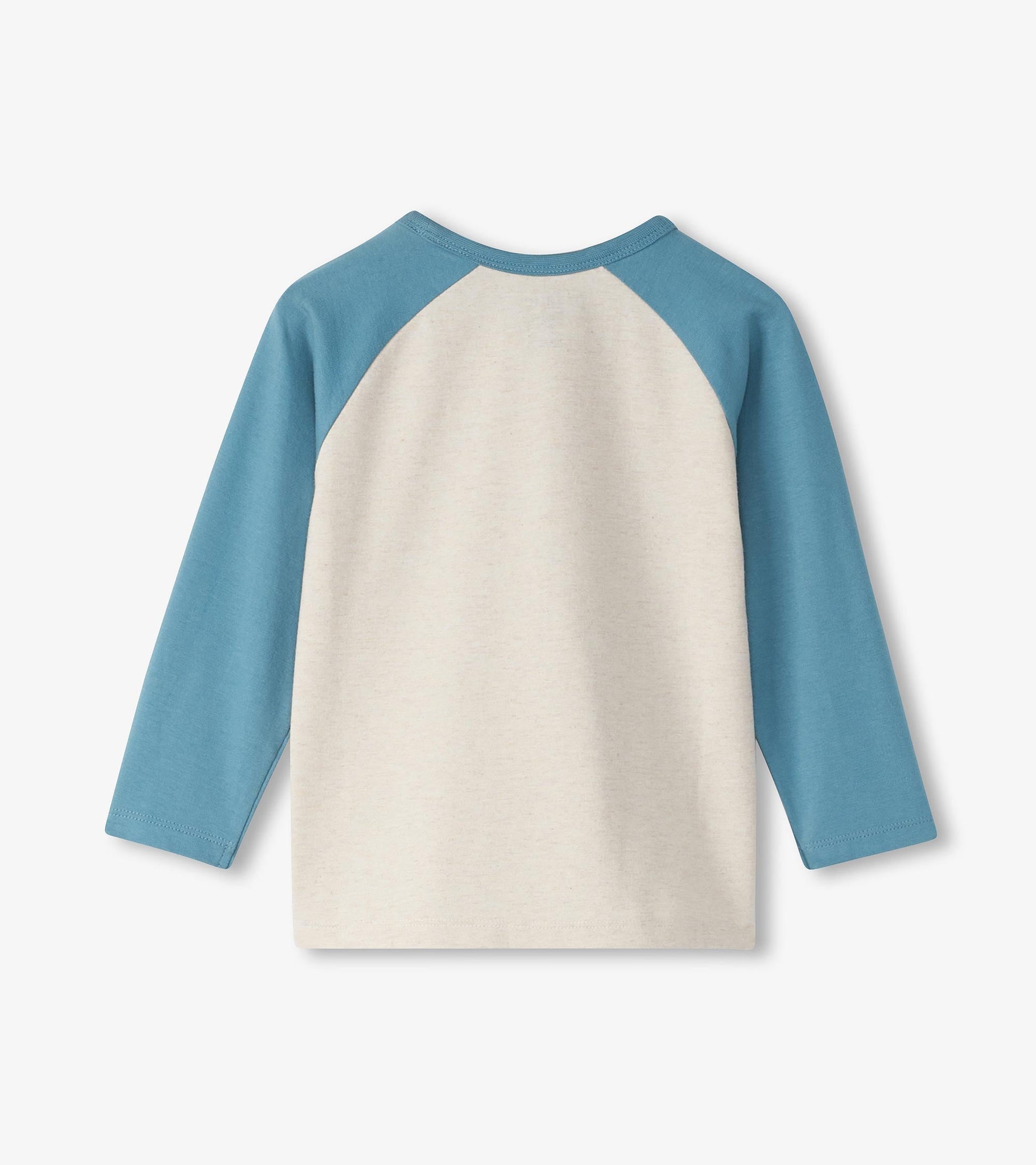 Long sleeve t-shirt featuring a cream body and blue raglan sleeves, suitable for baby and toddler boys.