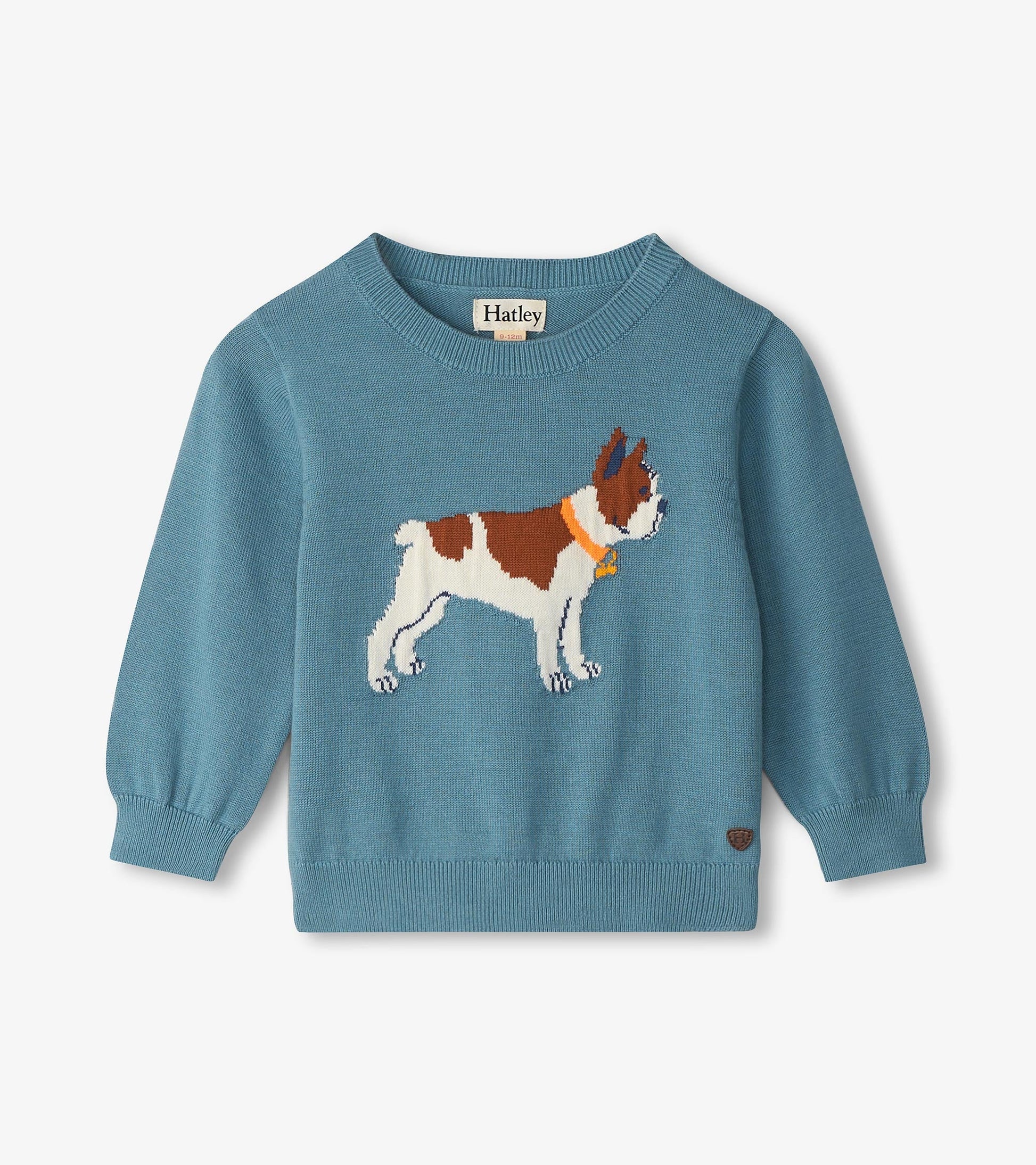 Blue crew neck sweater featuring a French Bulldog design, made from soft material, suitable for baby and toddler boys.