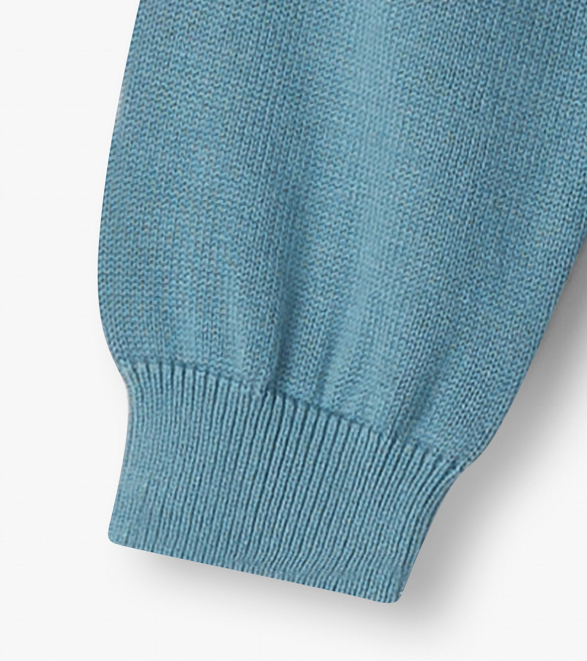Light blue crew neck sweater for baby and toddler boys, featuring ribbed cuffs and a soft knit texture.