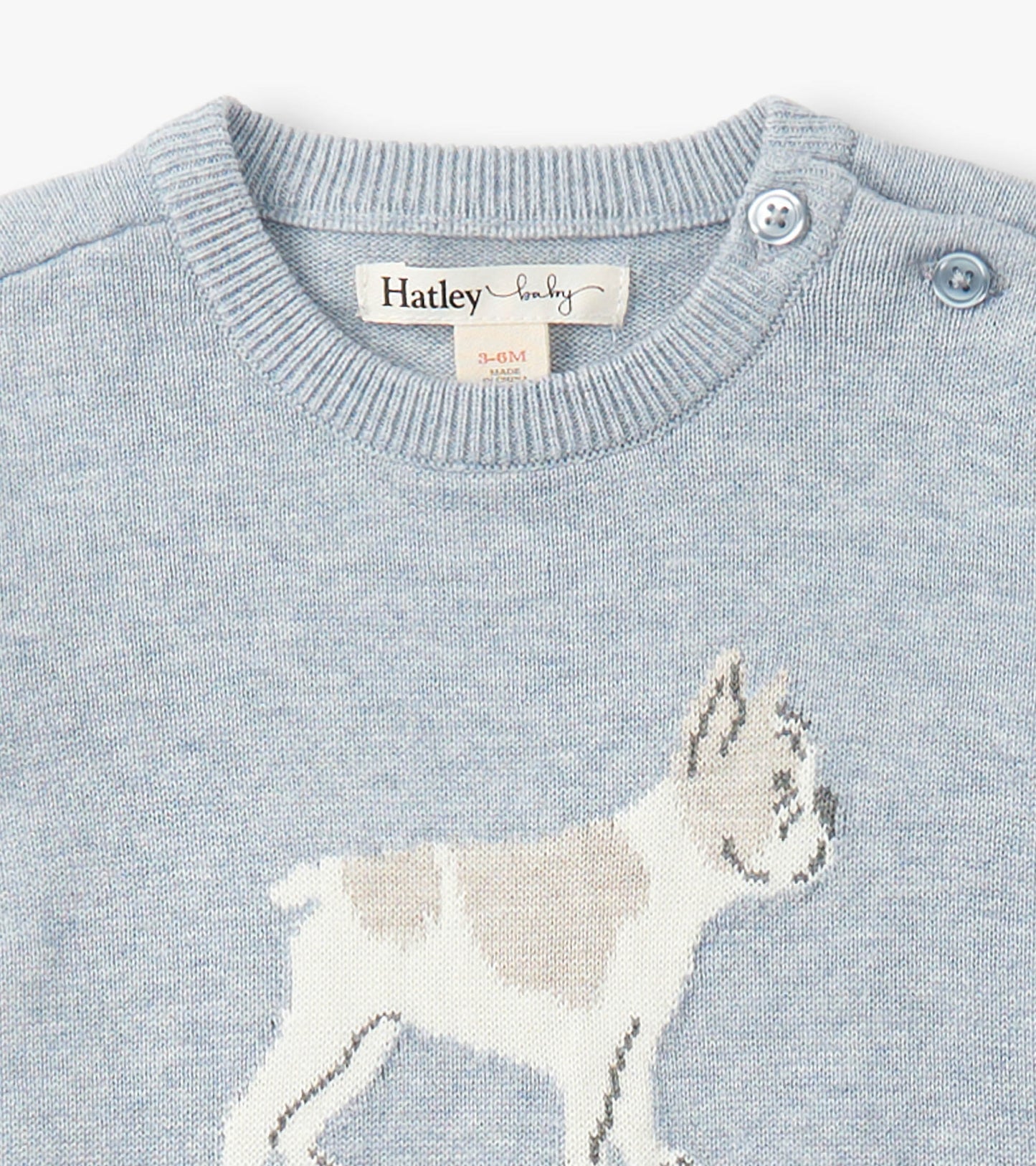 Light blue knit baby romper with ribbed crew neck, shoulder buttons, and white bulldog graphic on front.