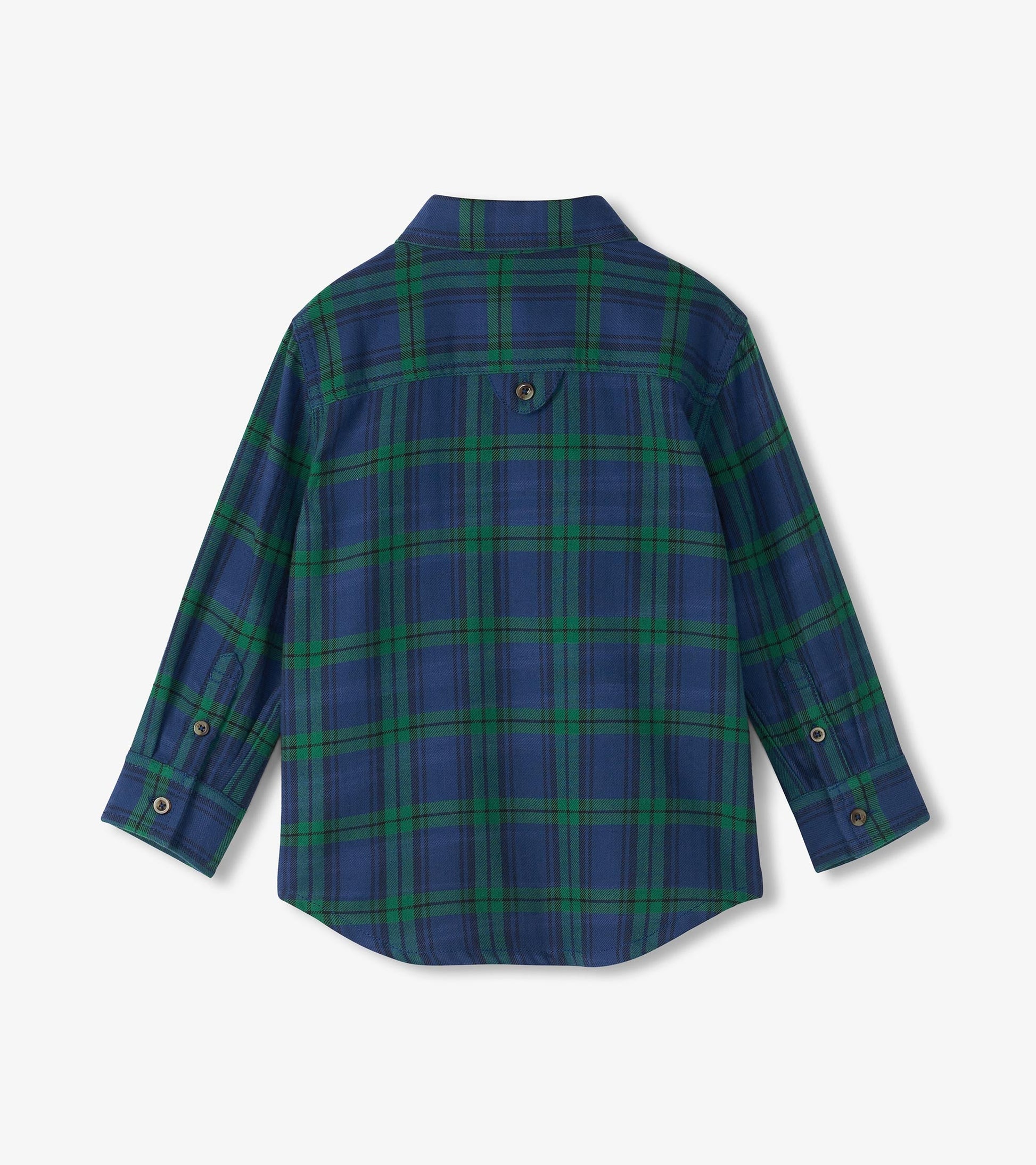 Back view of a boys' button-down shirt featuring a blackwatch plaid pattern in navy and green.