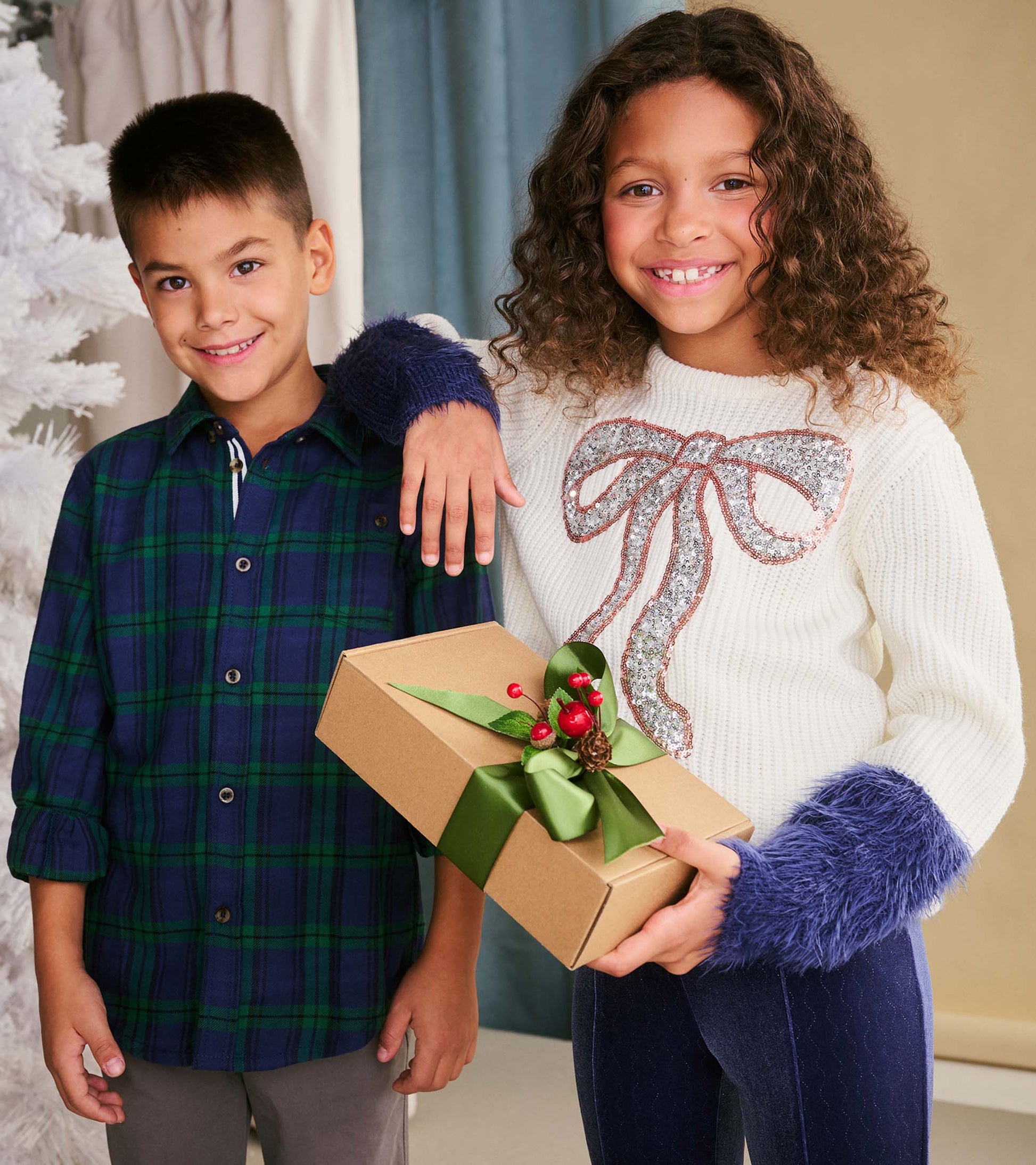 Boys' blackwatch plaid button-down shirt in blue and green, featuring a classic collar and button front.