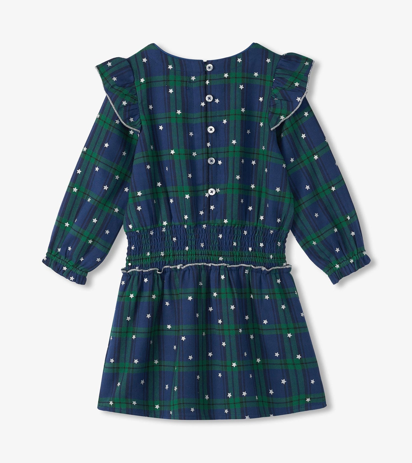 Navy blue plaid dress with green accents, smocked waist, ruffled sleeves, and button closure at the back.