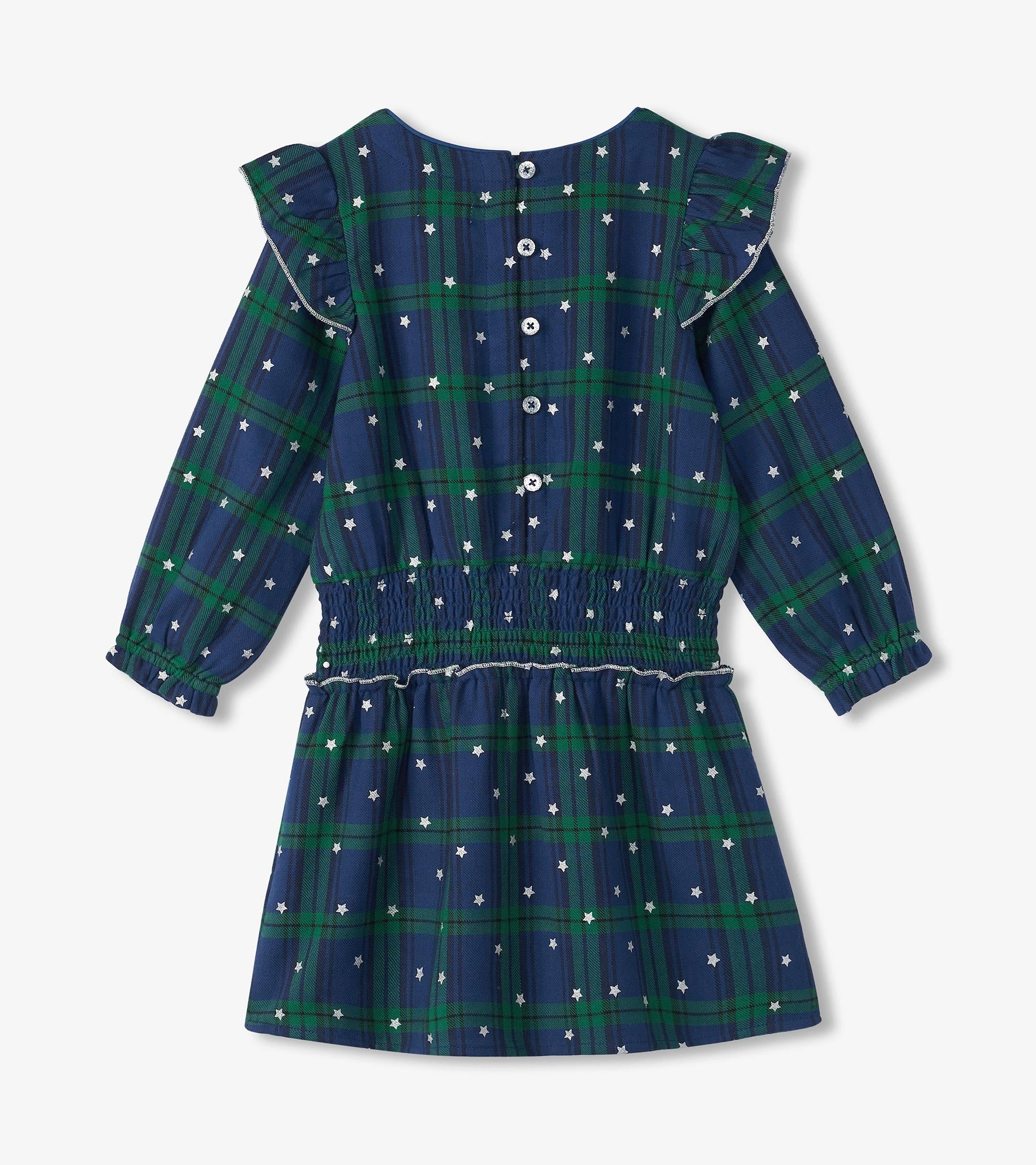 Navy blue plaid dress with green accents, smocked waist, ruffled sleeves, and button closure at the back.