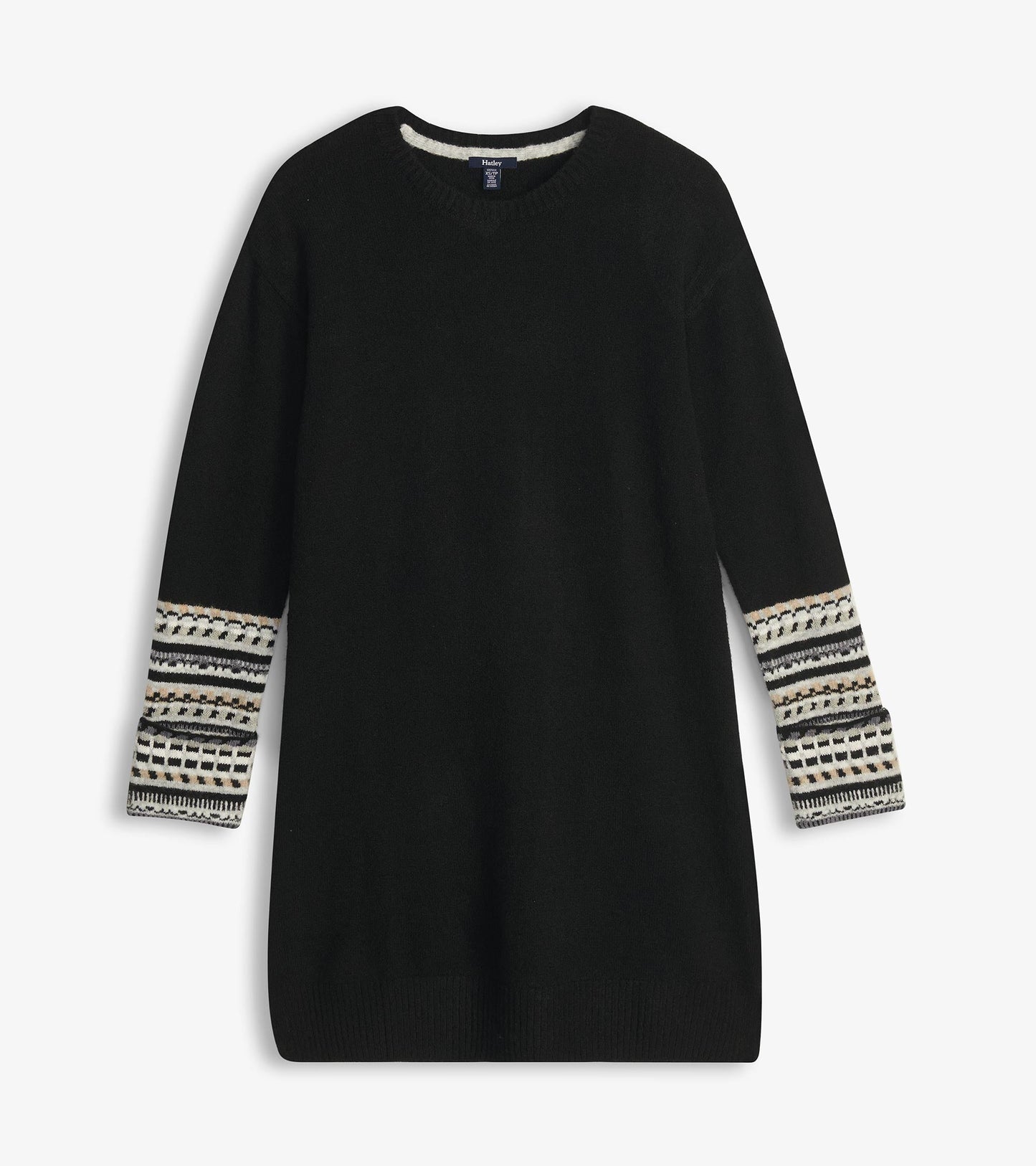 Black sweater dress with a V-neck and patterned sleeves in cream and gray. Suitable for casual wear.