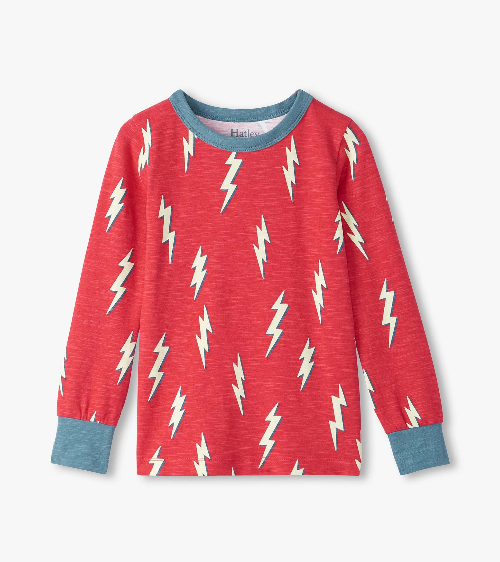 Red long-sleeve pajama top featuring a lightning bolt pattern and blue cuffs.