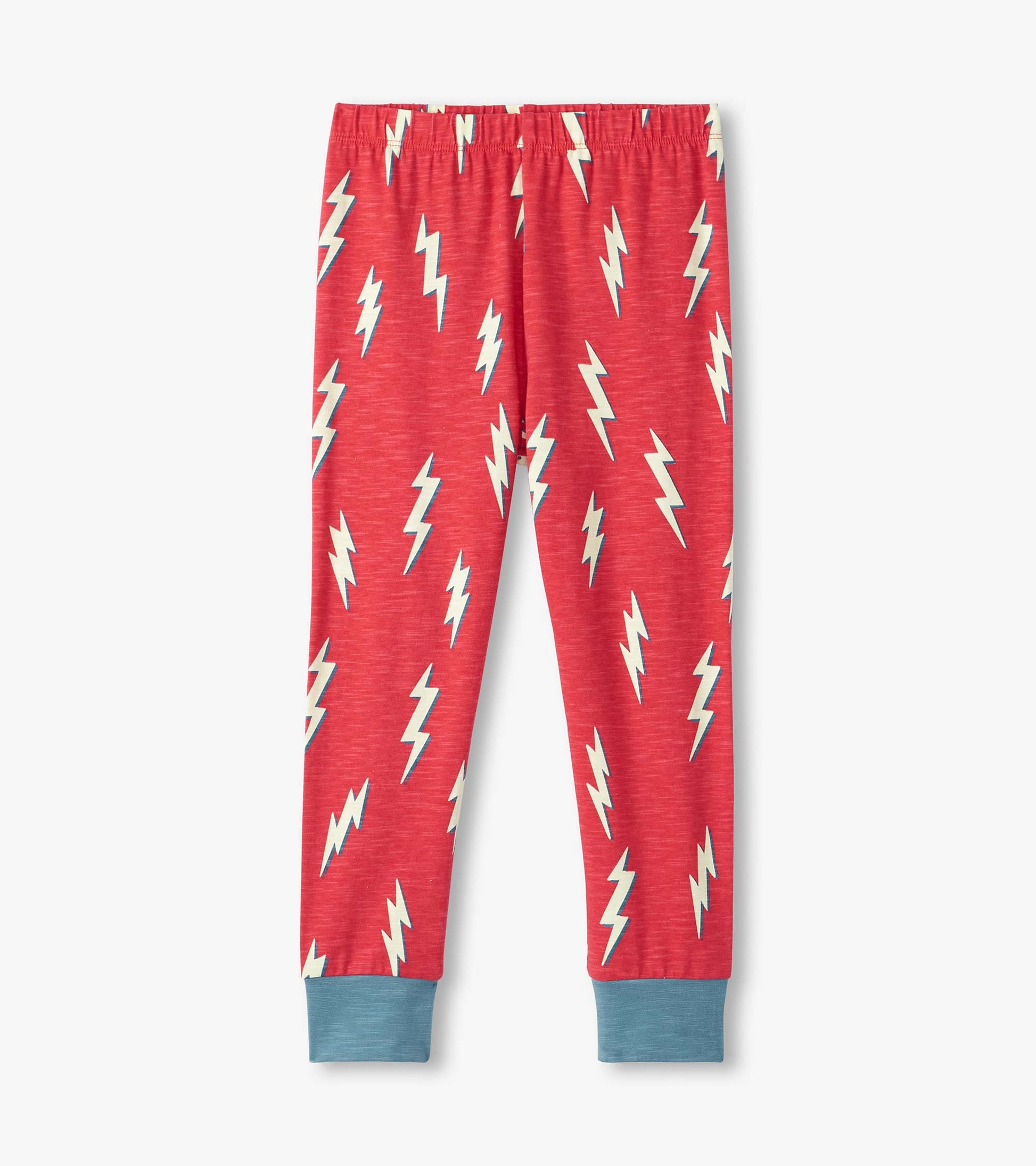 Red pajama pants featuring a lightning bolt pattern, with blue cuffs and an elastic waistband.