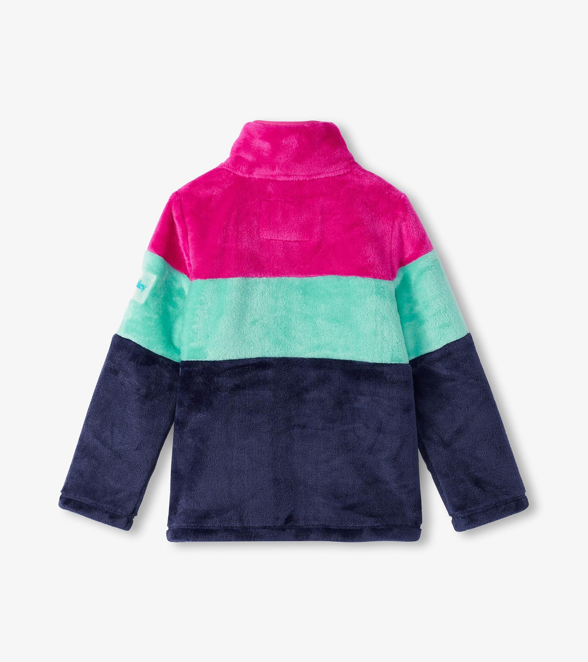 Fuzzy fleece zip-up jacket featuring colorblock stripes in pink, mint, and navy. High collar and long sleeves.