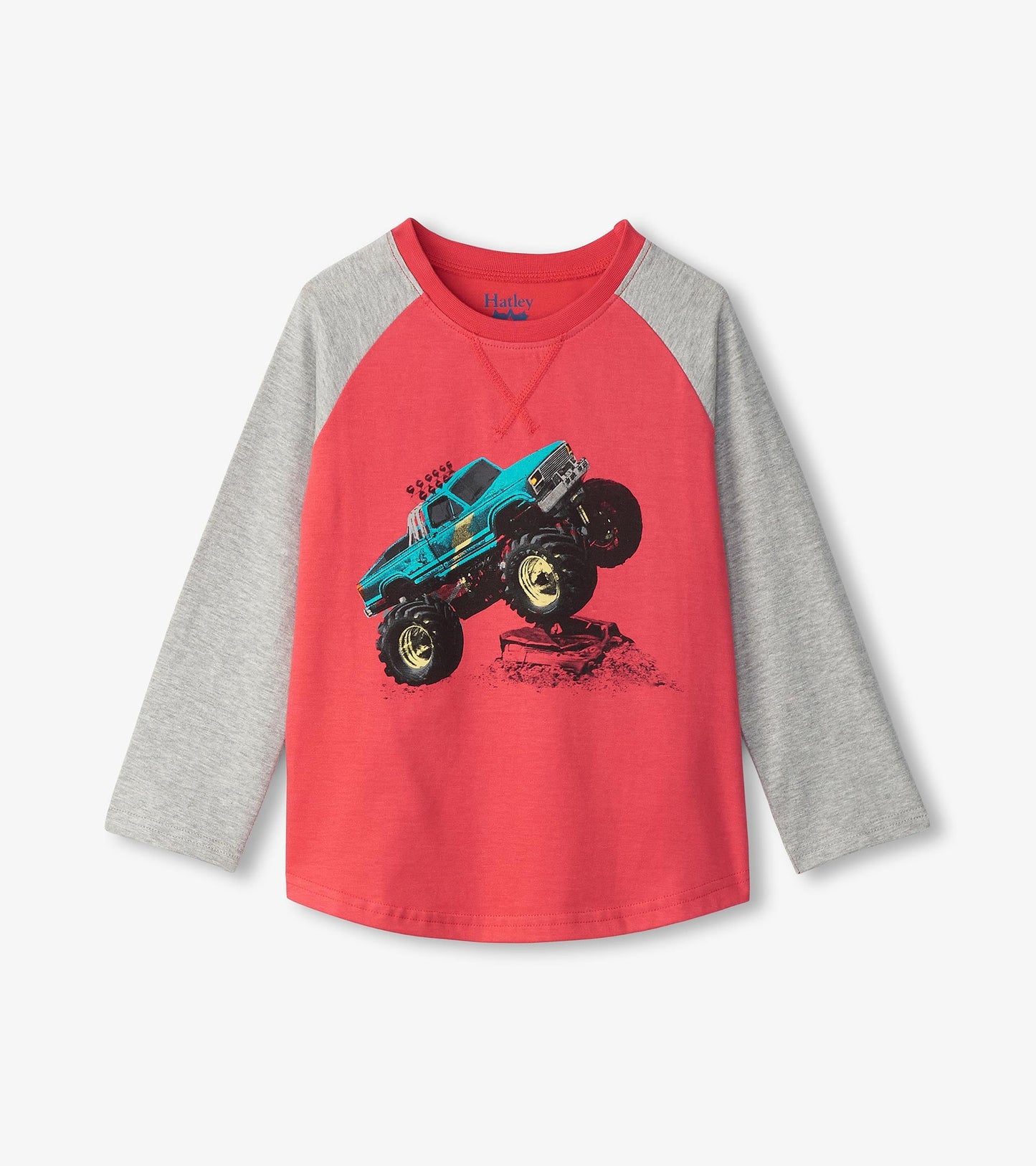 Red long sleeve raglan t-shirt with gray sleeves featuring a graphic of a blue monster truck.