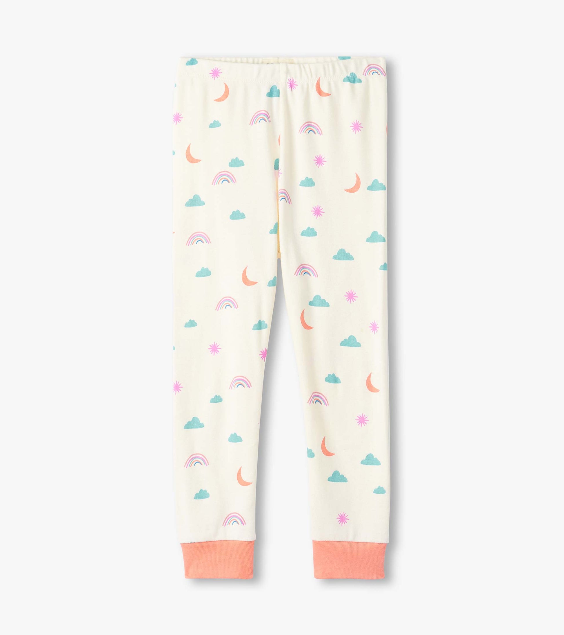 Cream pajama pants featuring colorful clouds, rainbows, moons, and stars with coral cuffs. Made from organic cotton.