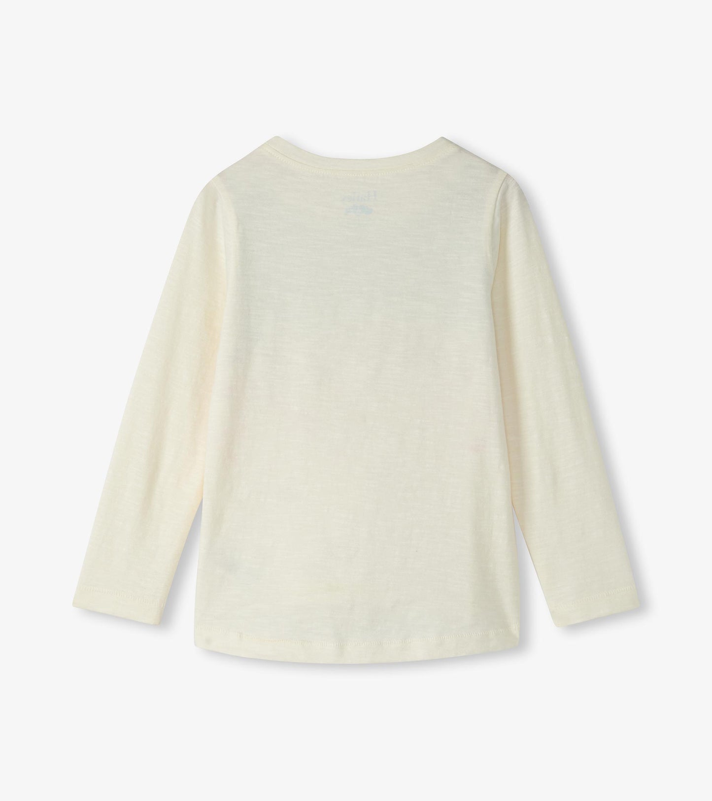 Light cream long sleeve graphic tee with a soft texture, featuring a simple back design.