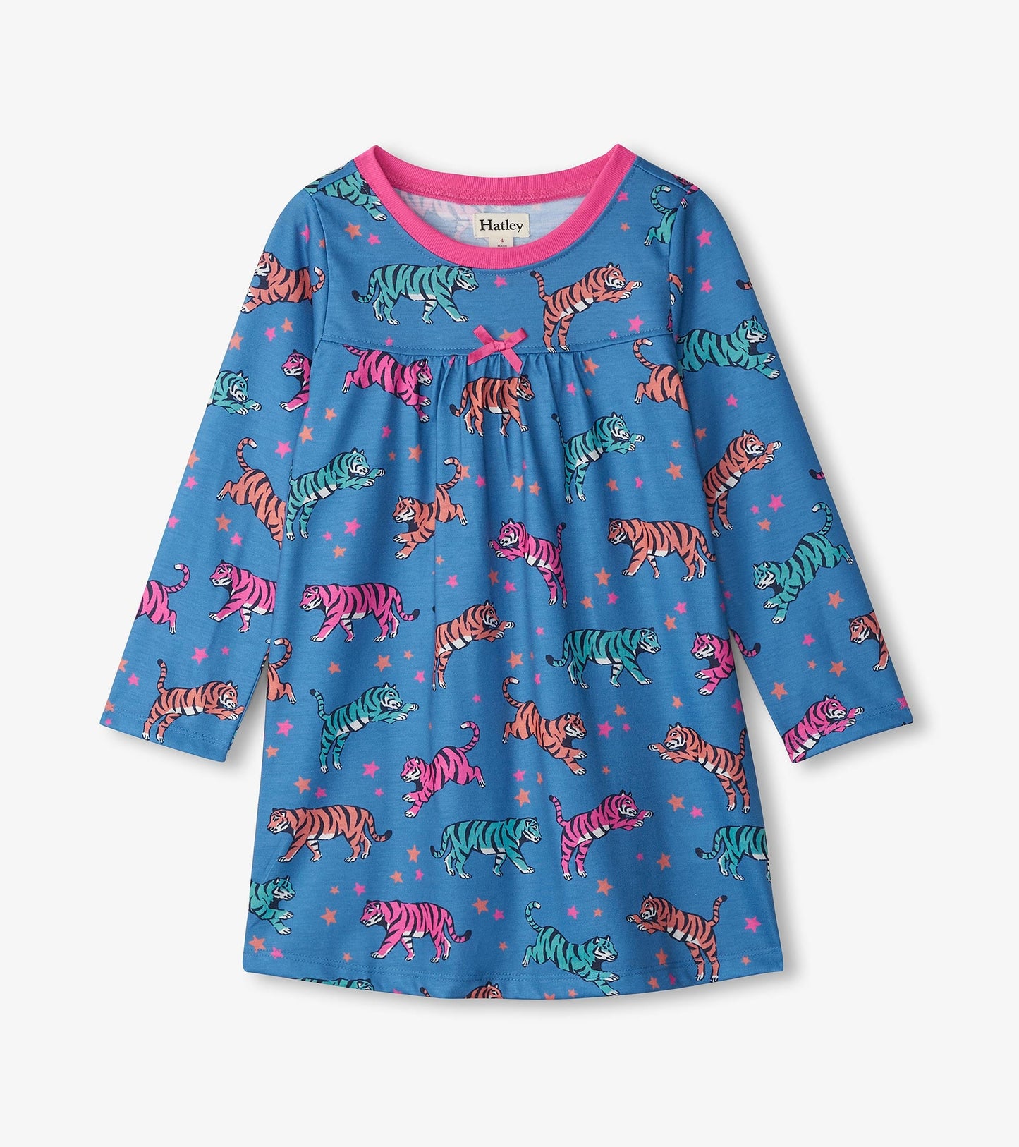 Blue long-sleeve nightgown featuring colorful celestial tiger patterns and a pink neckline. Ideal for sleepwear.