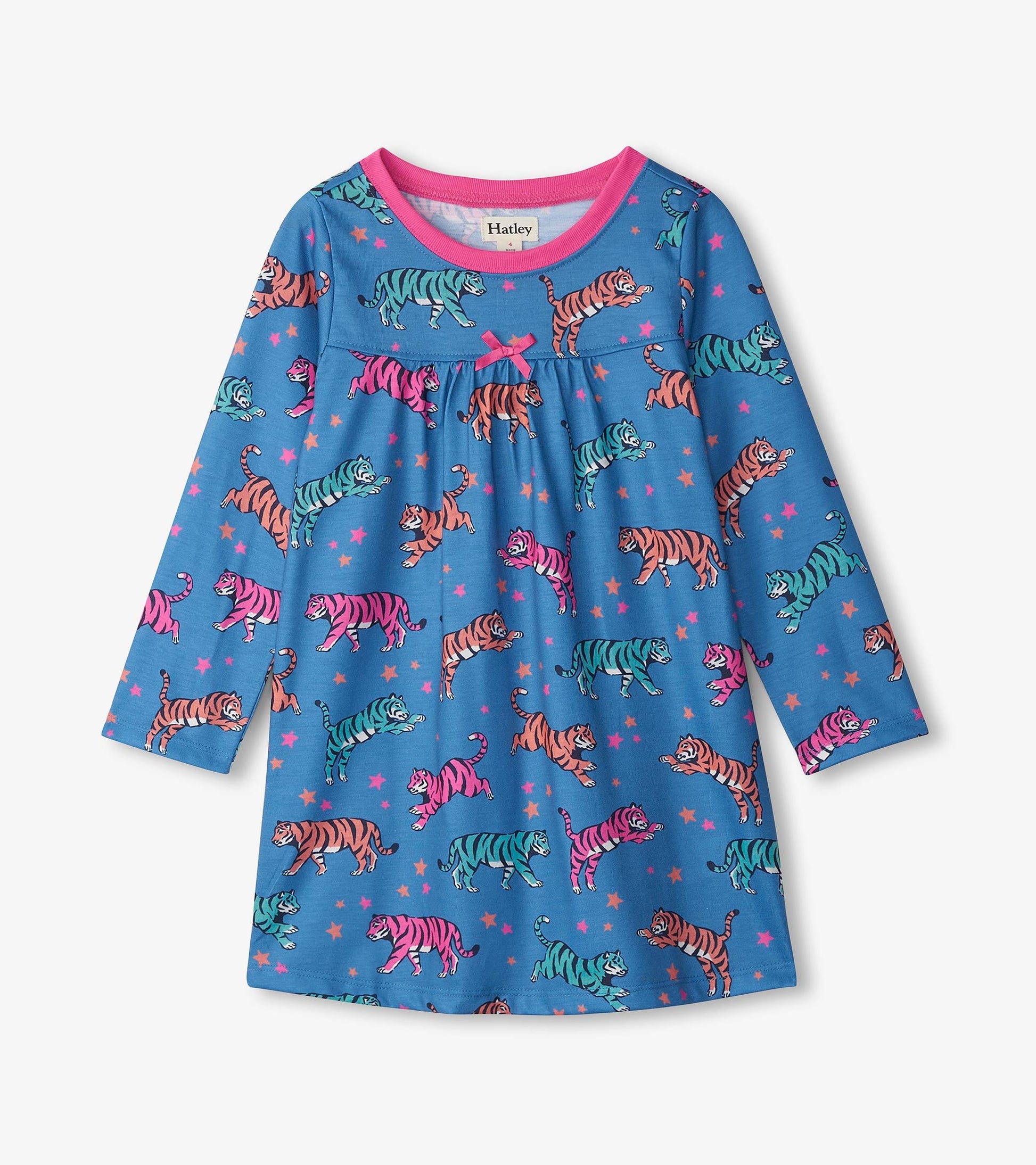 Blue long-sleeve nightgown featuring colorful celestial tiger patterns and a pink neckline. Ideal for sleepwear.