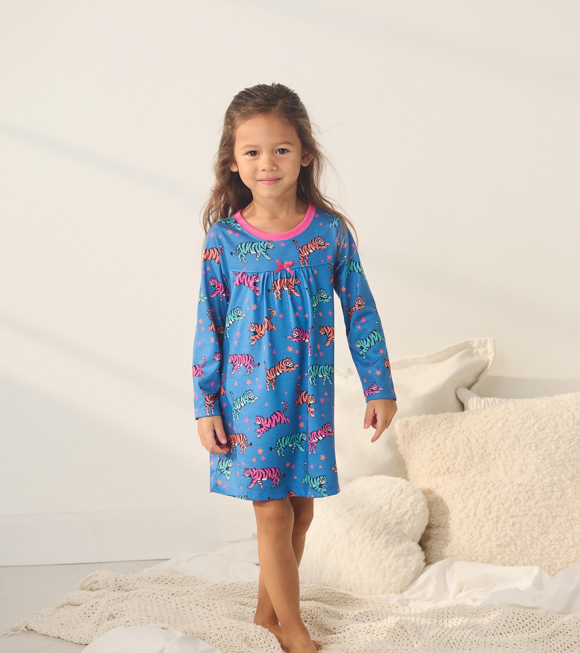 Blue long-sleeve nightgown featuring colorful celestial tigers and stars, perfect for sleepwear.